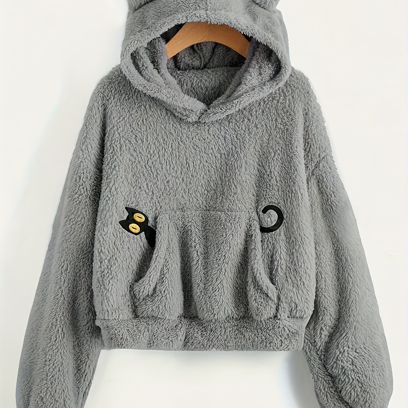 

Cat Embroidered Fuzzy Hoodie, Casual Long Sleeve Pullover Teddy Hoodie For Fall & Winter, Women's Clothing