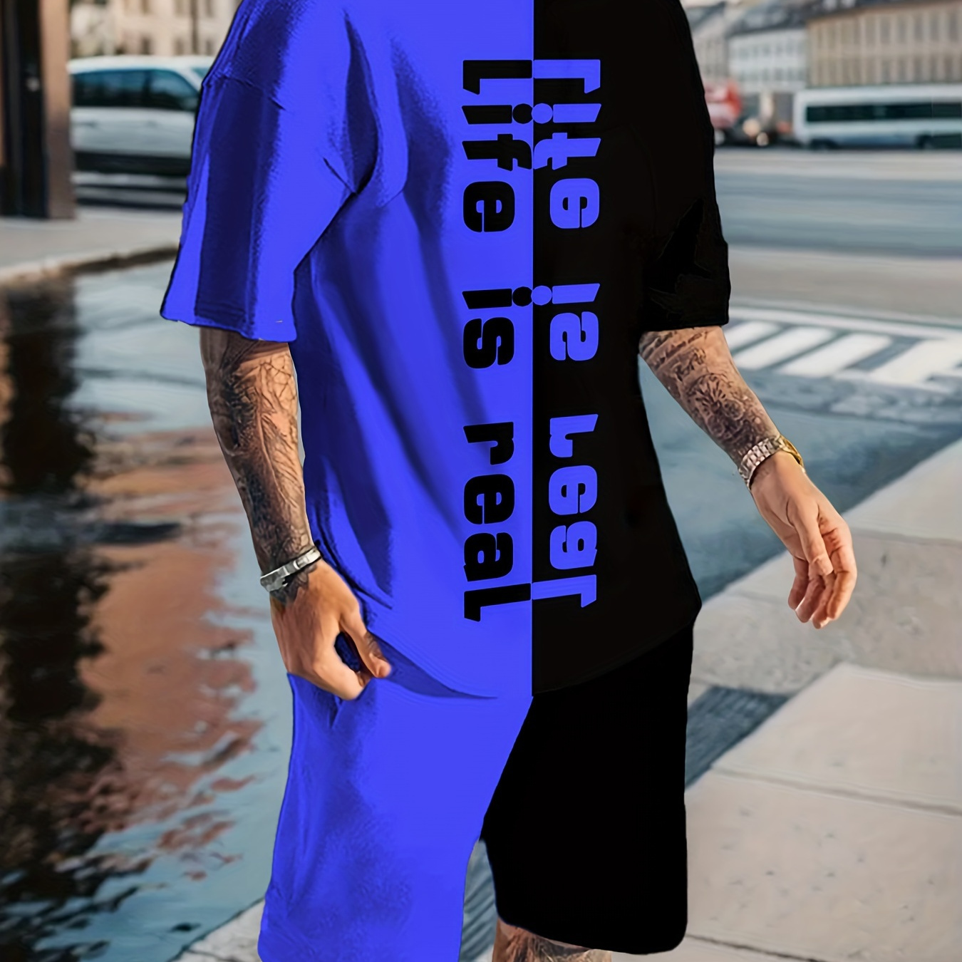 

Men's "life Is Real" Graphic Print T-shirt & Shorts Set For Summer Outdoor Sports, Contrast Color 2pcs Outfits