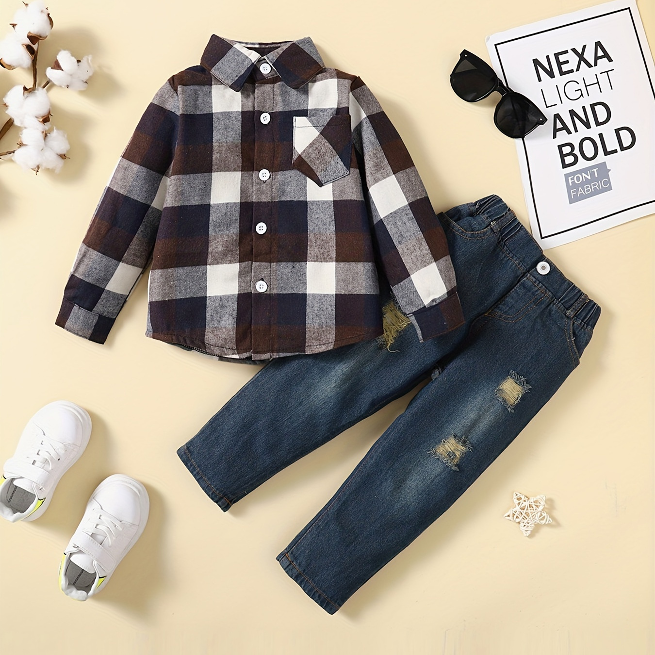 Boy's Casual Outfits 2pcs, Plaid Pattern Shirt & Denim Pants Set, Kids Clothes For Spring Fall