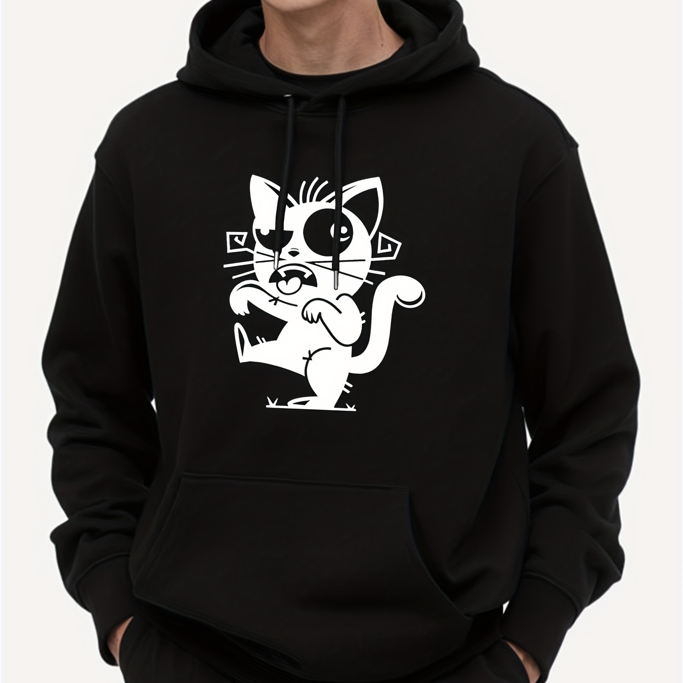 

Stylish Cat Pattern, Men's Trendy Comfy Hoodie, Casual Slightly Stretch Breathable Hooded Sweatshirt For Outdoor