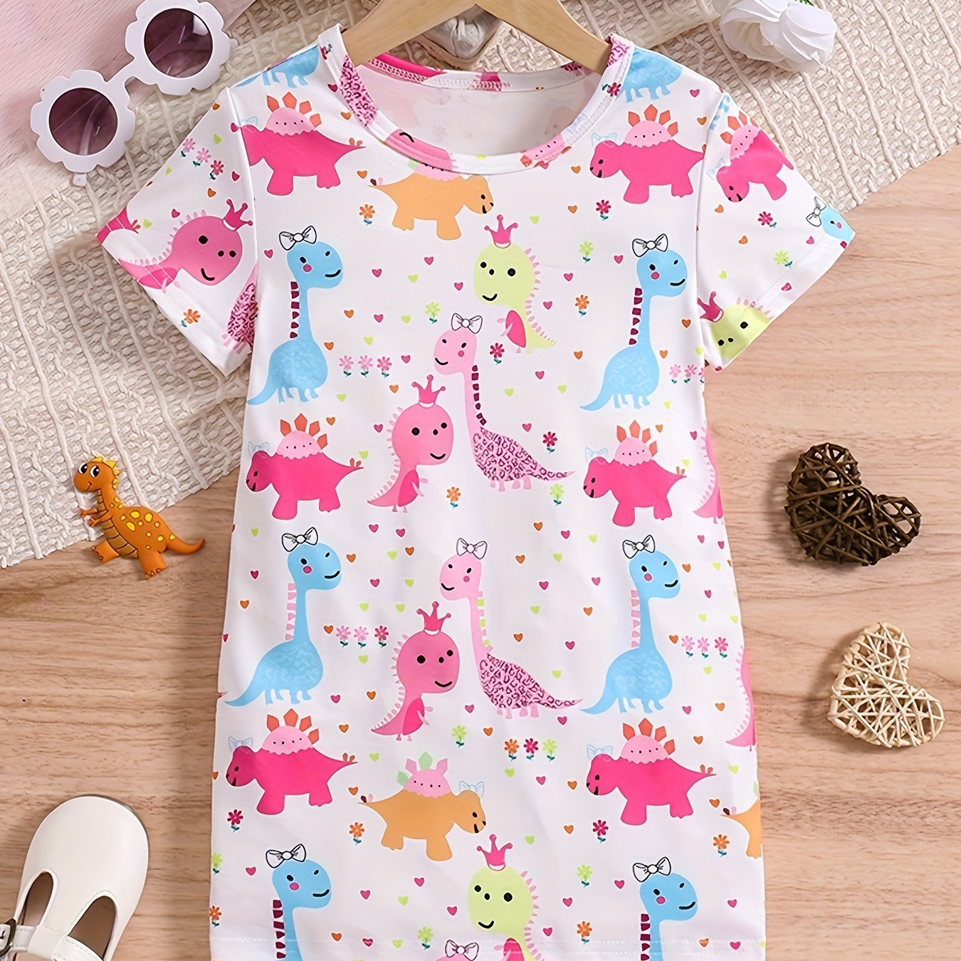 

Girls Sweet Cute Cartoon Dino Graphic Short Sleeve T-shirt Dress Summer Clothes Gift Party