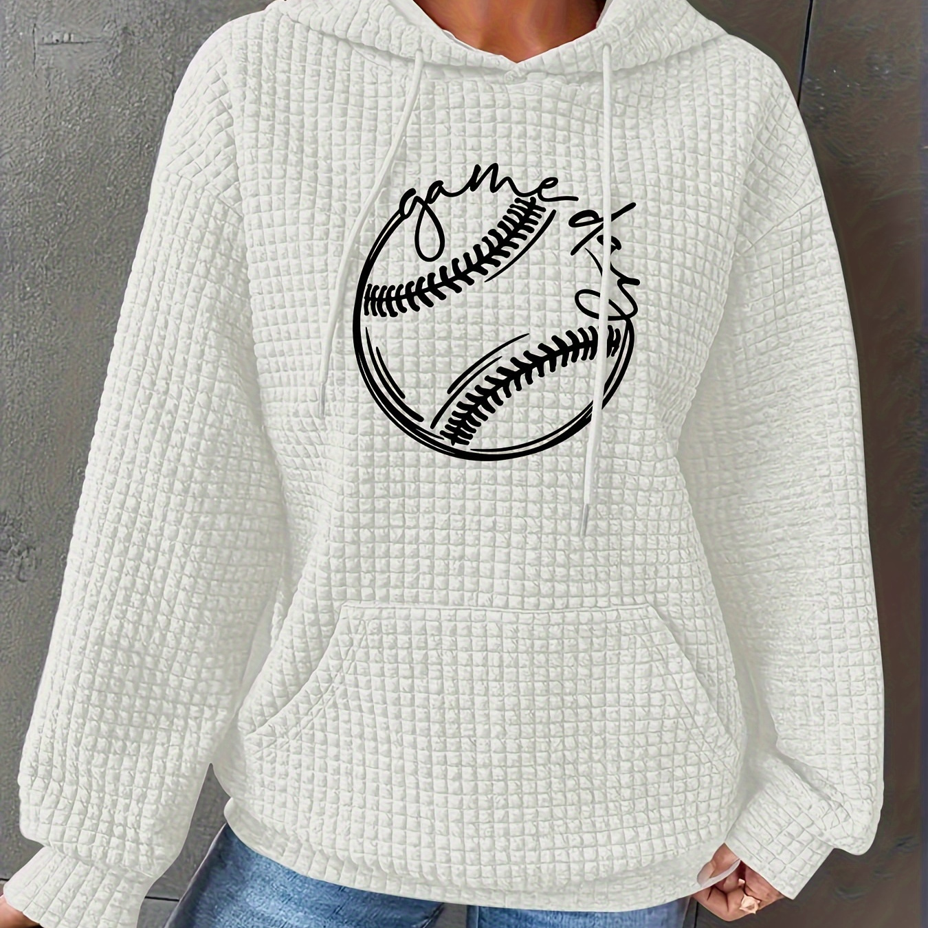 

Baseball Print Kangaroo Pocket Hoodie, Casual Long Sleeve Drawstring Hoodies Waffle Sweatshirt, Women's Clothing