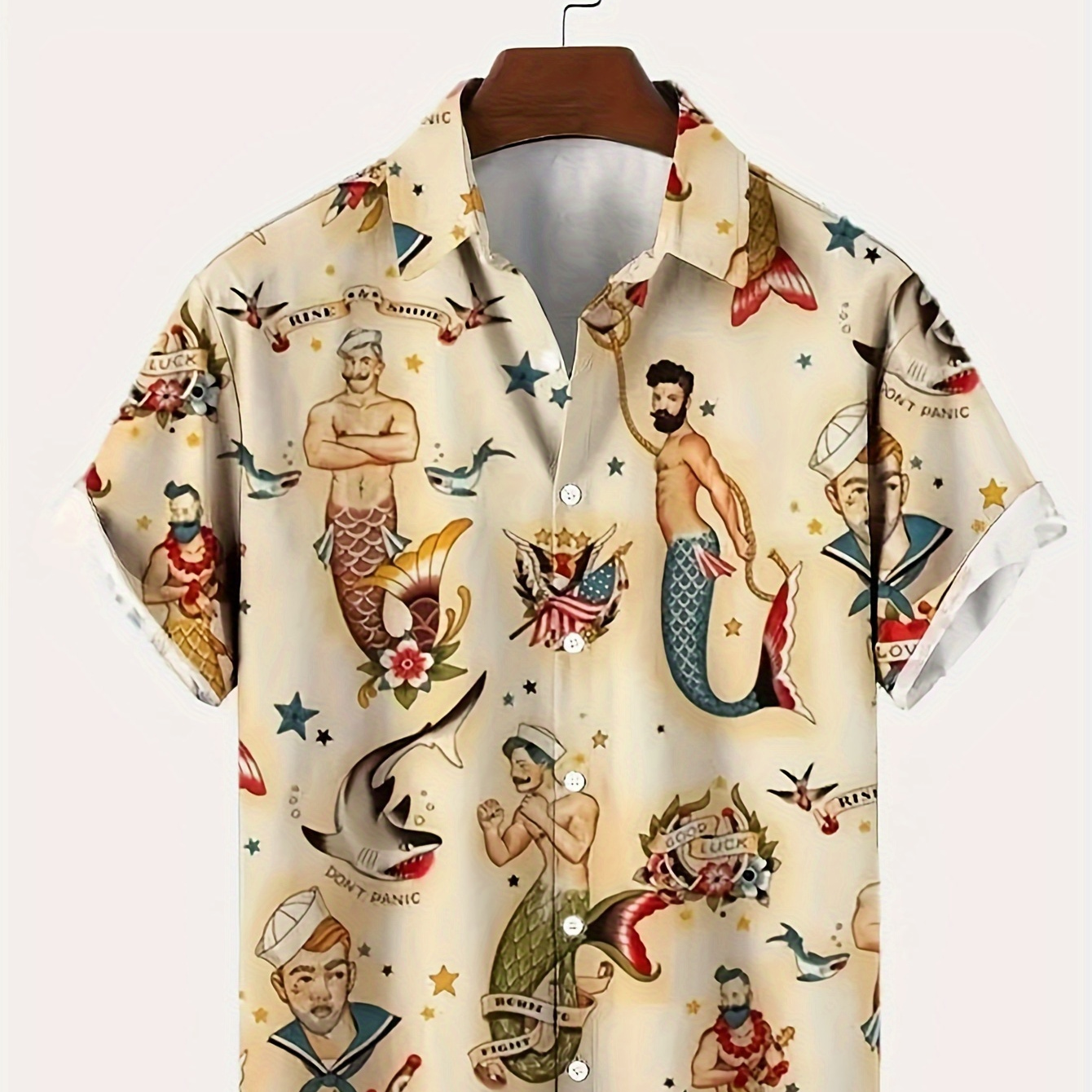 

Creative Mermaid Pattern Allover Printed Men's Fashion Short Sleeve Button Down Lapel Hawaiian Style Shirt For Summer Resort Vacation