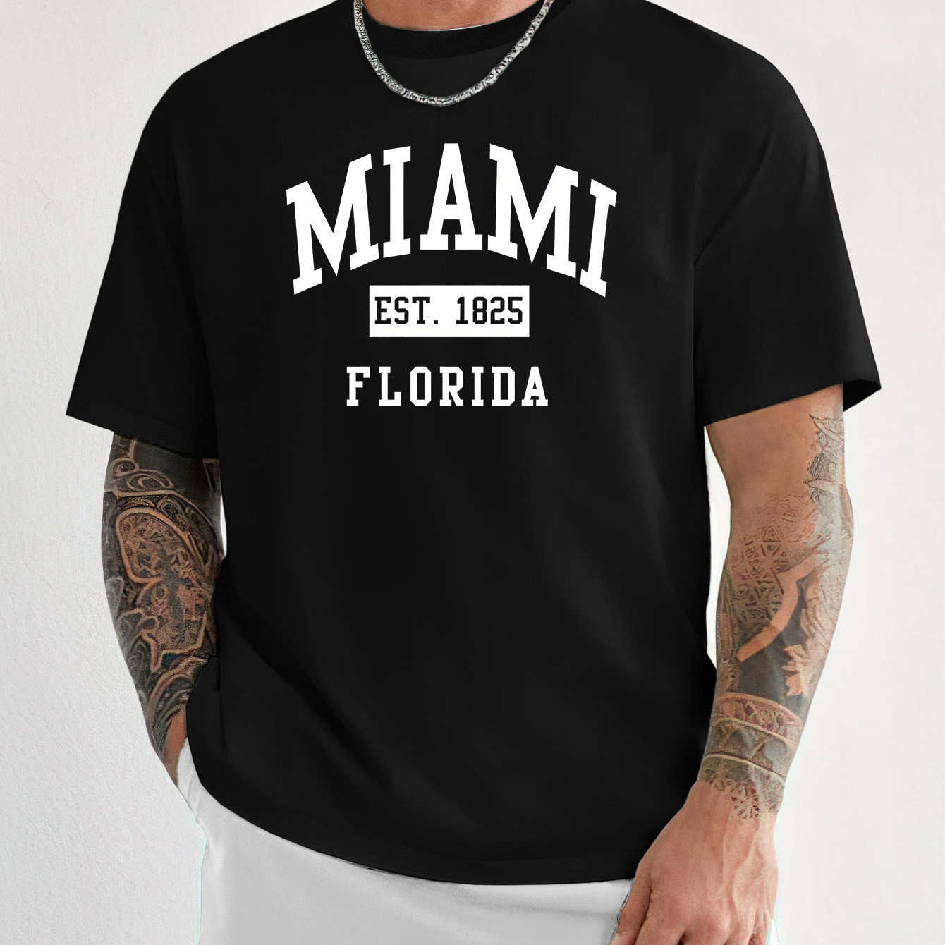 

Miami "creative Print Casual Novelty T-shirt For Men, Short Sleeve Summer& Spring Top, Comfort Fit, Stylish Streetwear Crew Neck Tee For Daily Wear