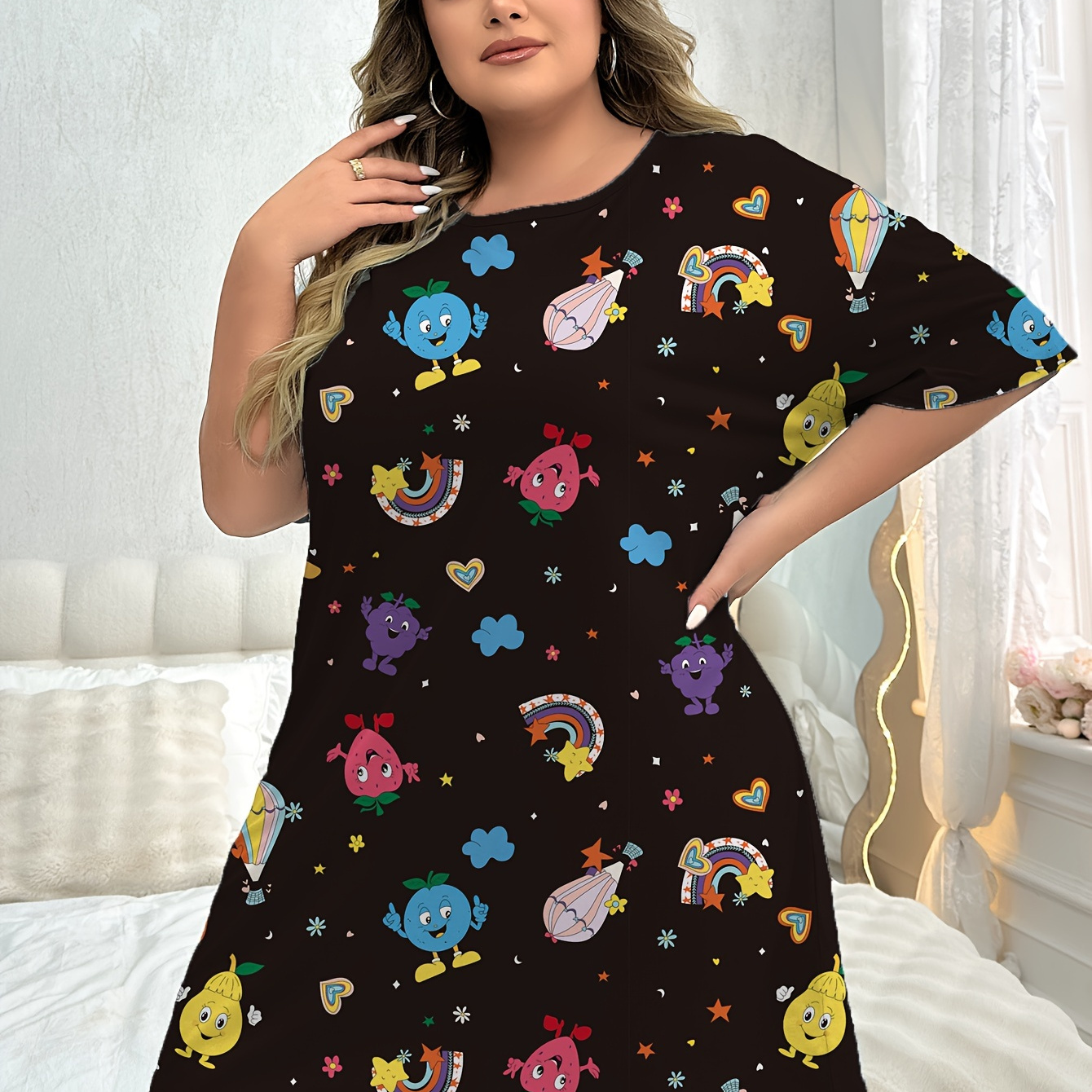 

Women's Cute Nightdress, Plus Size Cartoon Print Short Sleeve Round Neck Tee Sleep Dress