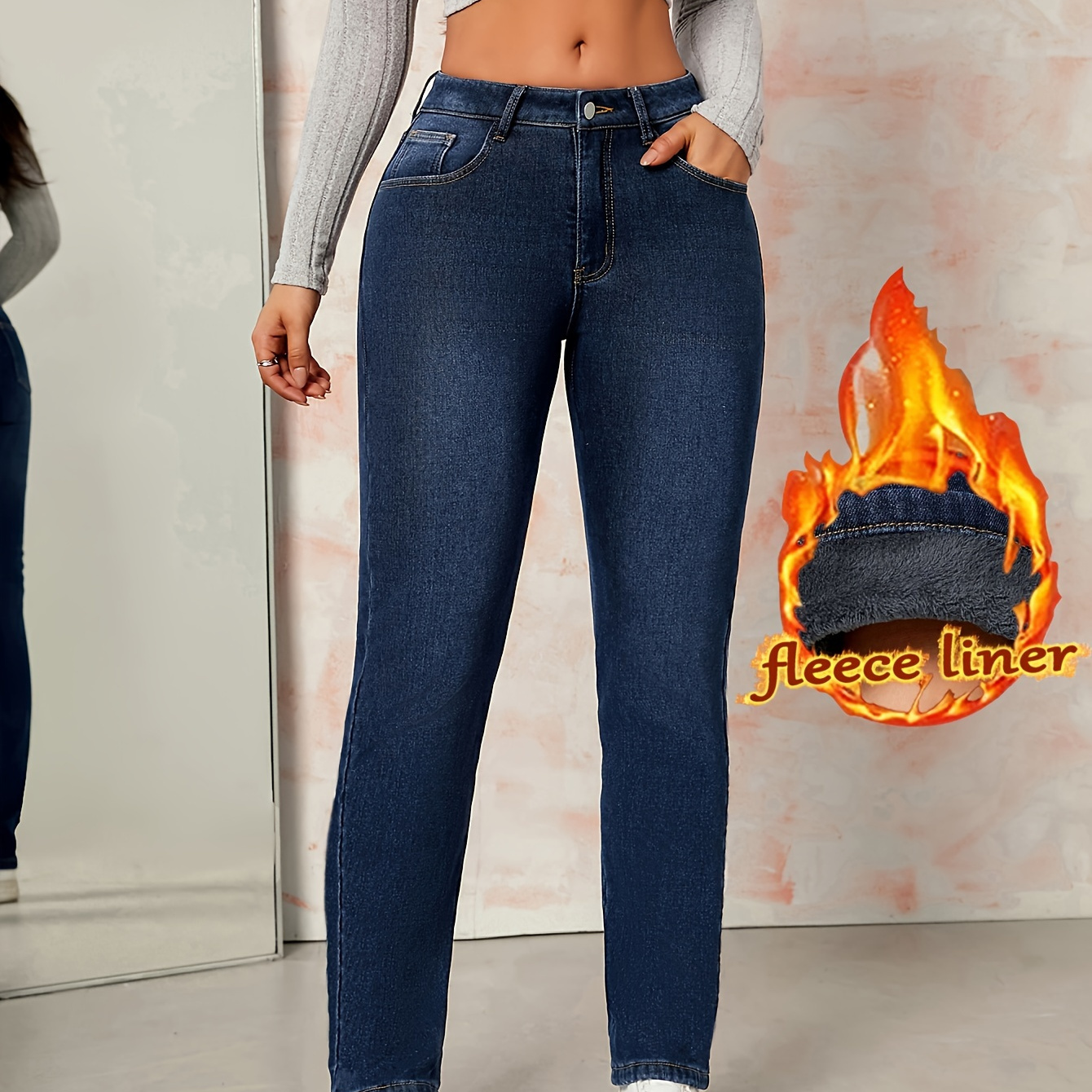 

fr: Pantalon en jean délavé bleu uni à doublure en peluche, style décontracté, fermeture à glissière et boutons, coupe droite, pour l'hiver, jeans et vêtements pour femmes