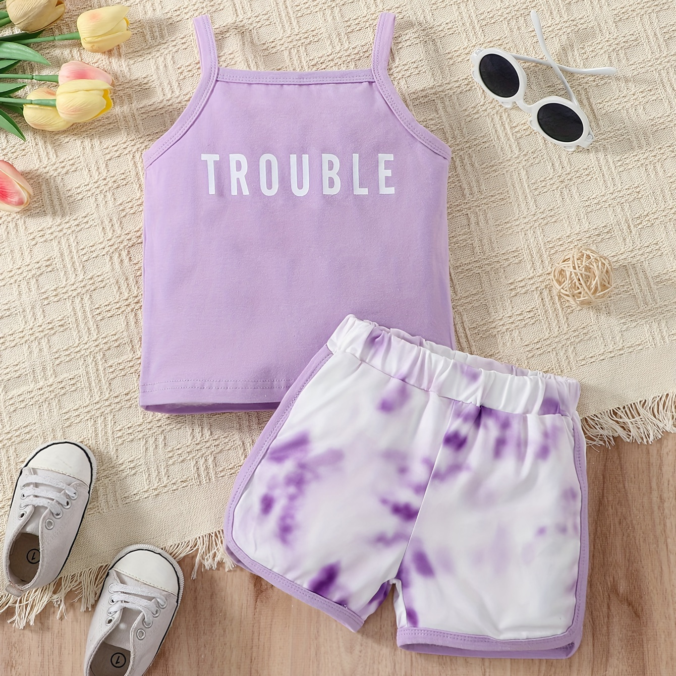 

2pcs Toddler's "trouble" Print Summer Set, Cami Top & Tie-dye Pattern Shorts, Baby Girl's Clothing