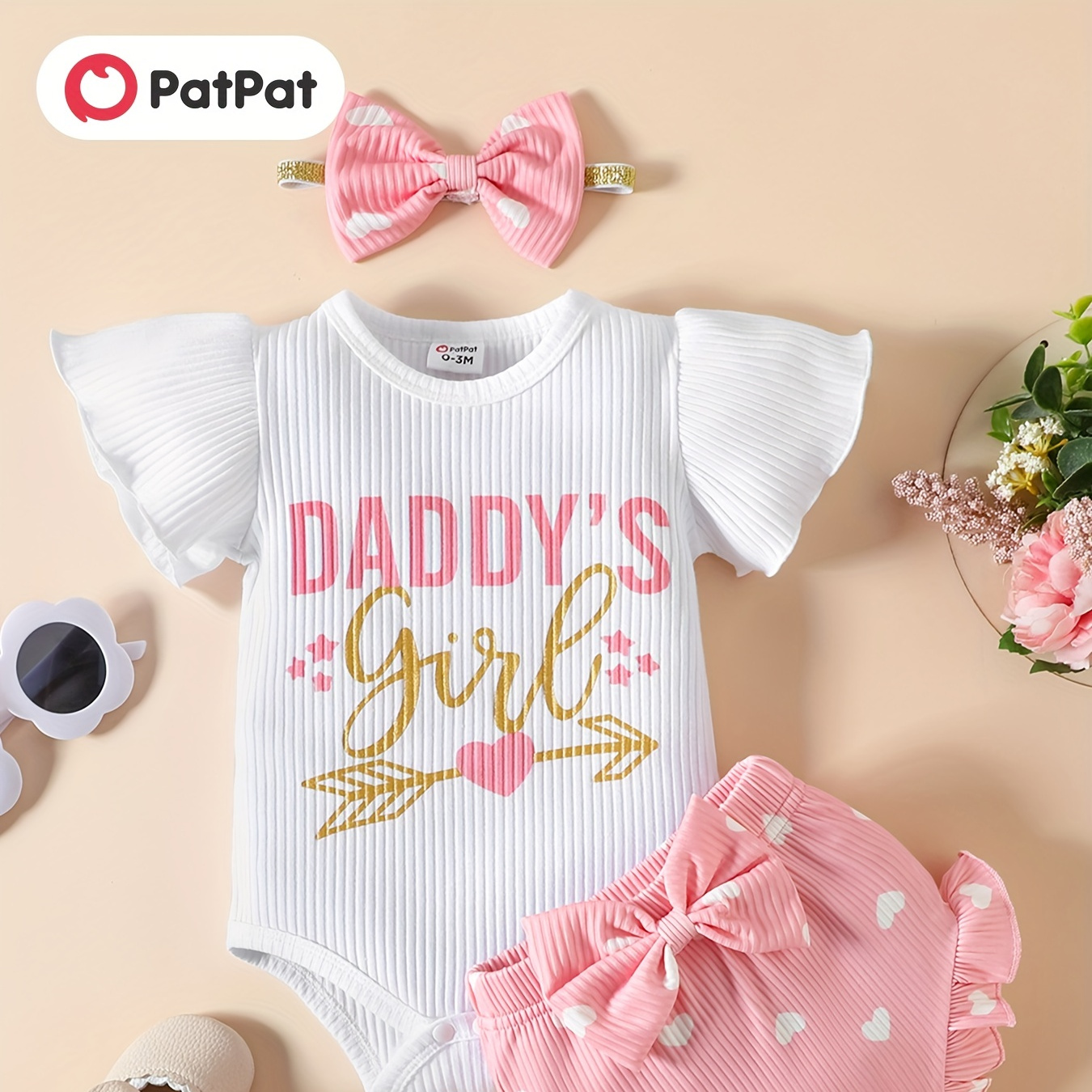 

Patpat 3pcs Baby Girl Cotton Letter Print Ribbed Bodysuit And Shorts And Bow Headband Set
