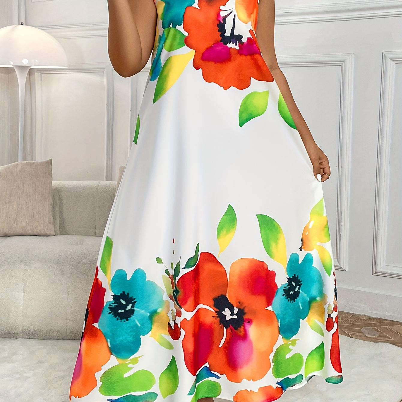 

Robe débardeur à imprimé Floral grande taille, robe décontractée manches pour et l'été, vêtements grande taille pour femmes