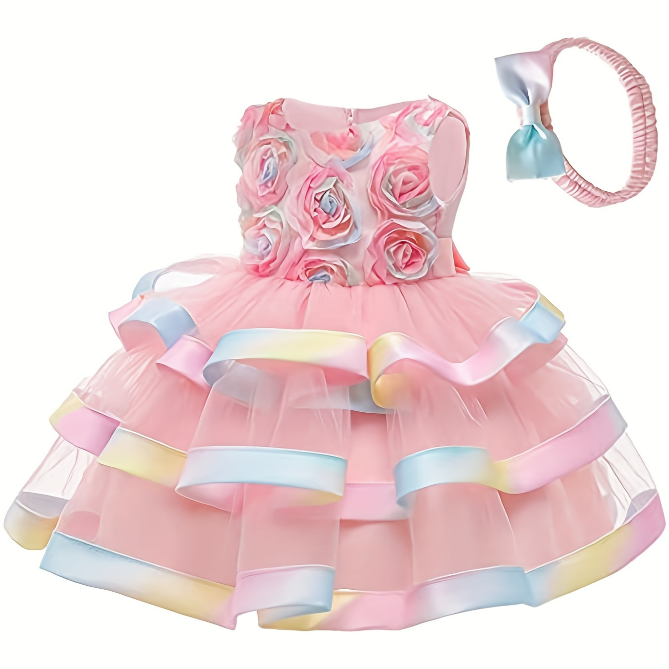 Baby Girl's 3D Flowers Wedding Evening Party Gown Dress, Layered Mesh Princess Dresses With Headband Set