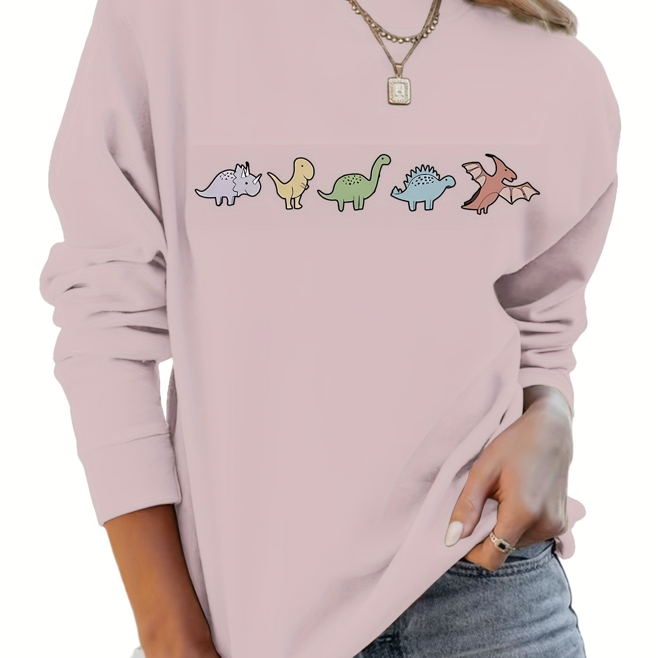 

Dinosaur Print Crew Neck Sweatshirt, Loose Drop Shoulder Pullover, Women's Clothings