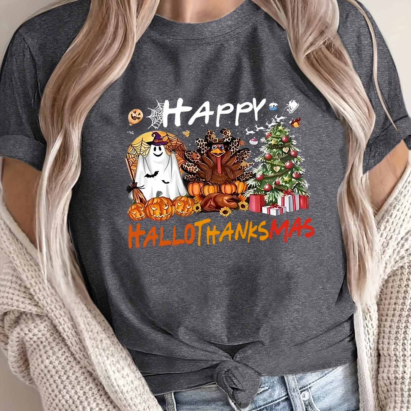 

Plus Size Halloween Graphic Tee For Women - Casual Crew Neck, Short Sleeve, Stretchy Polyester, Machine Washable, Holiday, Halloween, Plus Size, Fashion, T-shirt