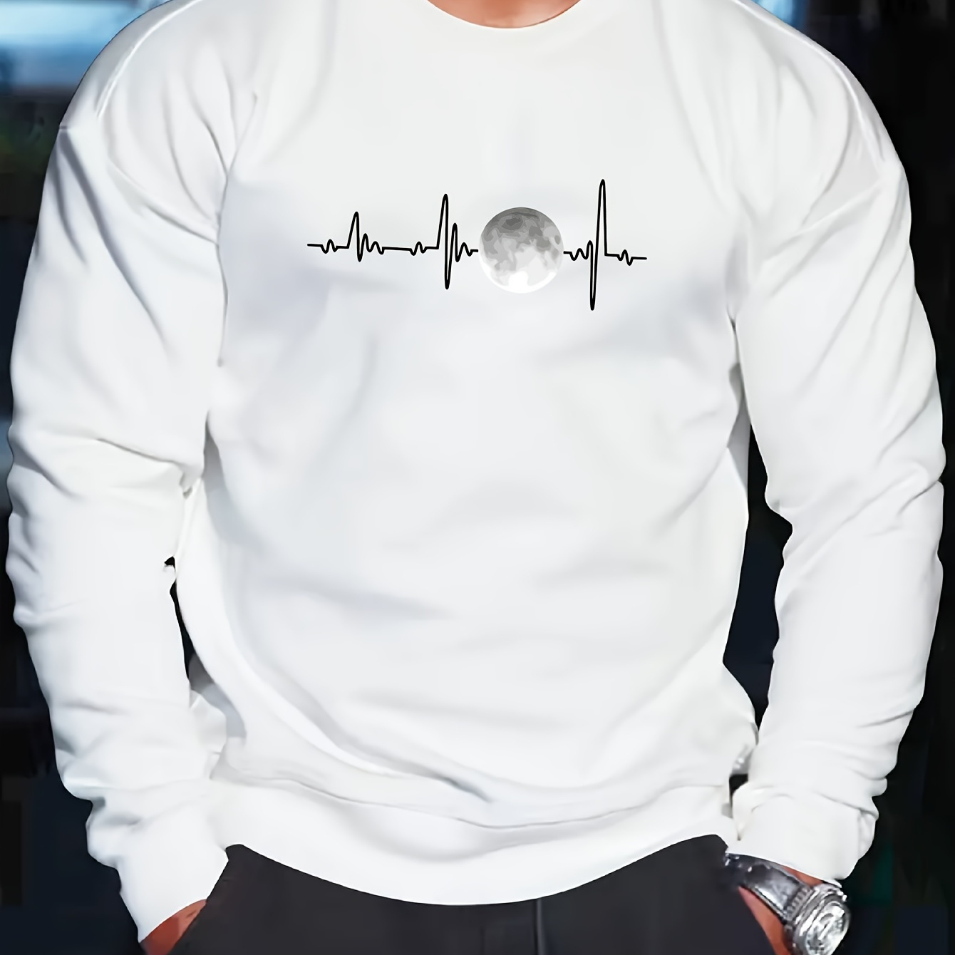 

Electrocardiogram Moon Print Men's Crew Neck Sweatshirt – Casual Fashion Long Sleeve Regular Fit Knit Pullover – Polyester