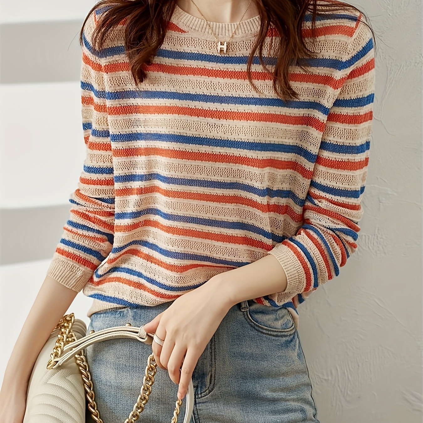 

Striped Color Block Knitted Sweater, Casual Crew Neck Long Sleeve Top For Fall & Winter, Women's Clothing