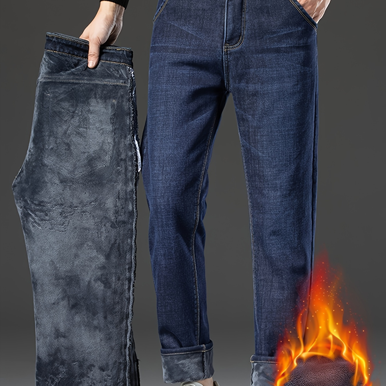 

Men's Wool-lined Fleece Jeans - Comfortable & Soft, Straight Leg Business Casual Pants For Fall/winter