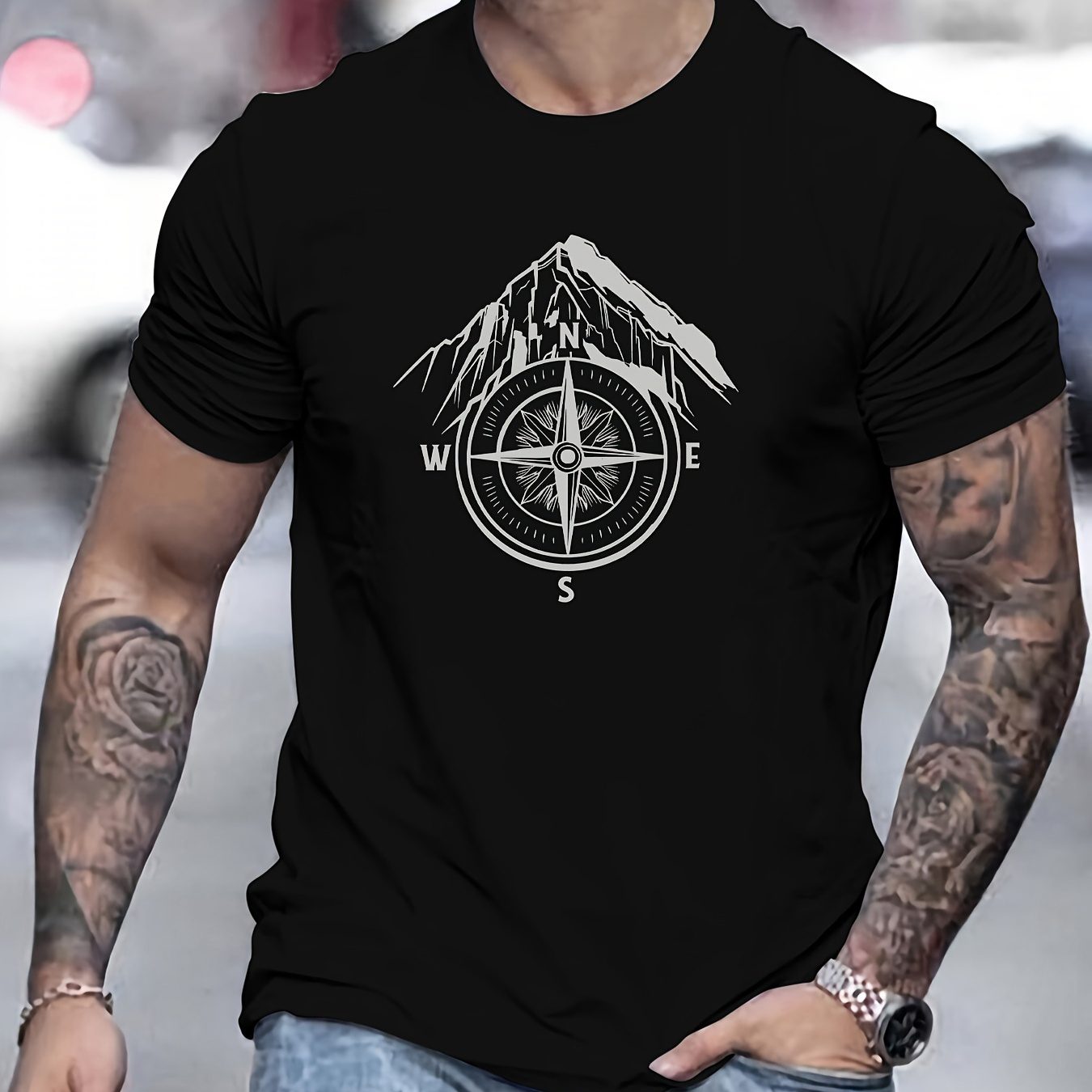 

Mountains & Compass Creative Print Men's Short Sleeve T-shirt, Casual Round Neck Top, Versatile And Comfortable Tee, Spring& Summer Collection