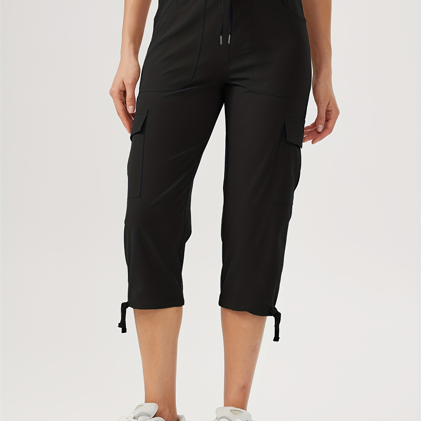 

Women's Casual Capri Cargo Pants With Ribbed Cuffs And Flap Pockets, Outdoor Style, Adjustable Drawstring