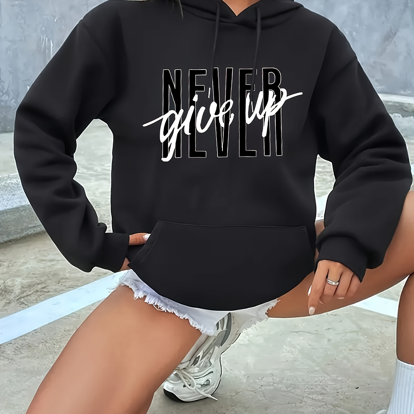 

Women's Casual Hooded Sweatshirt With " Give Up" Print - 100% Polyester Knit Fabric, Long Sleeve Pullover With Front Pocket, Fit Hoodie