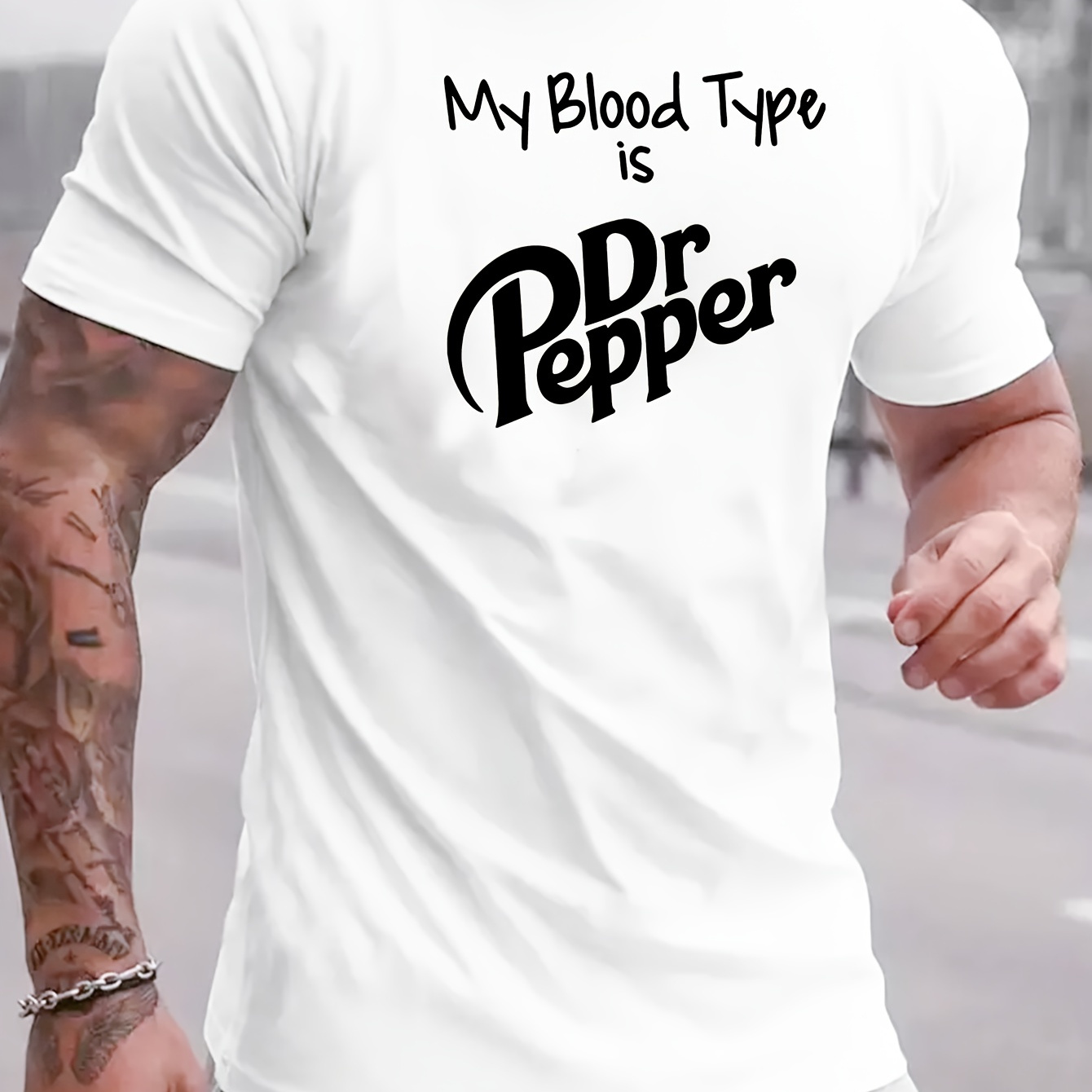 

My Blood Type Is Dr Pepper Creative Print Summer Casual Cotton T-shirt Short Sleeve For Men, Sporty Leisure Style, Fashion Crew Neck Top For Daily Wear