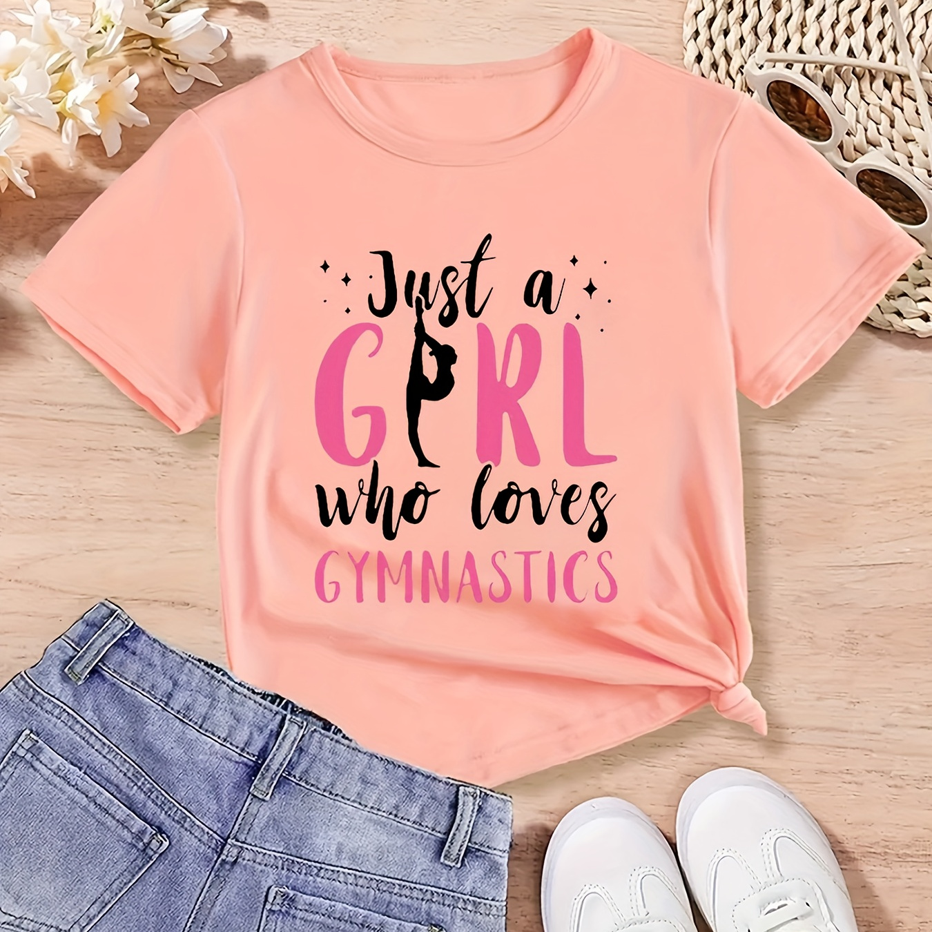 

Trendy 'just A Girl Loves Gymnastics' Graphic Tee For Girls, Summer Casual Short Sleeve T-shirt Top For Sports Leisure Daily