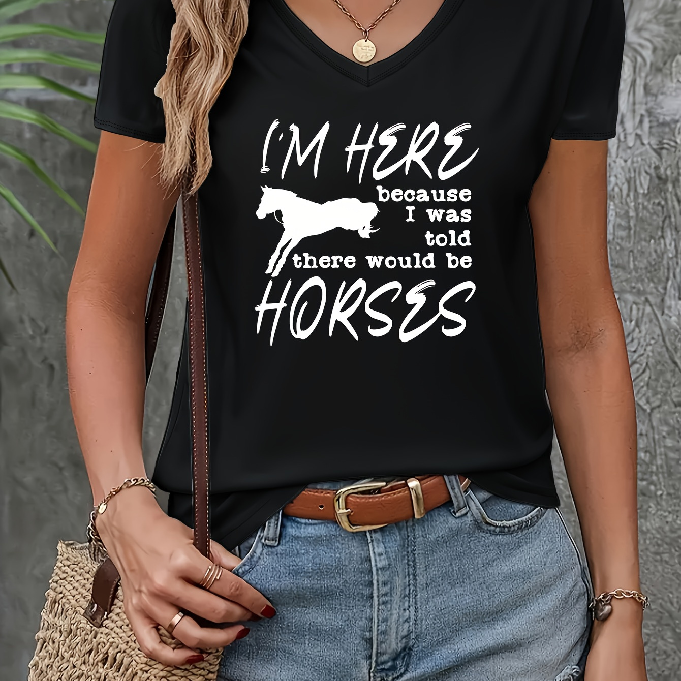

Women's Summer V Neck T-shirt, Fashionable Casual Top With Horse & Letter Print, Short Sleeve Trendy Sports Tee