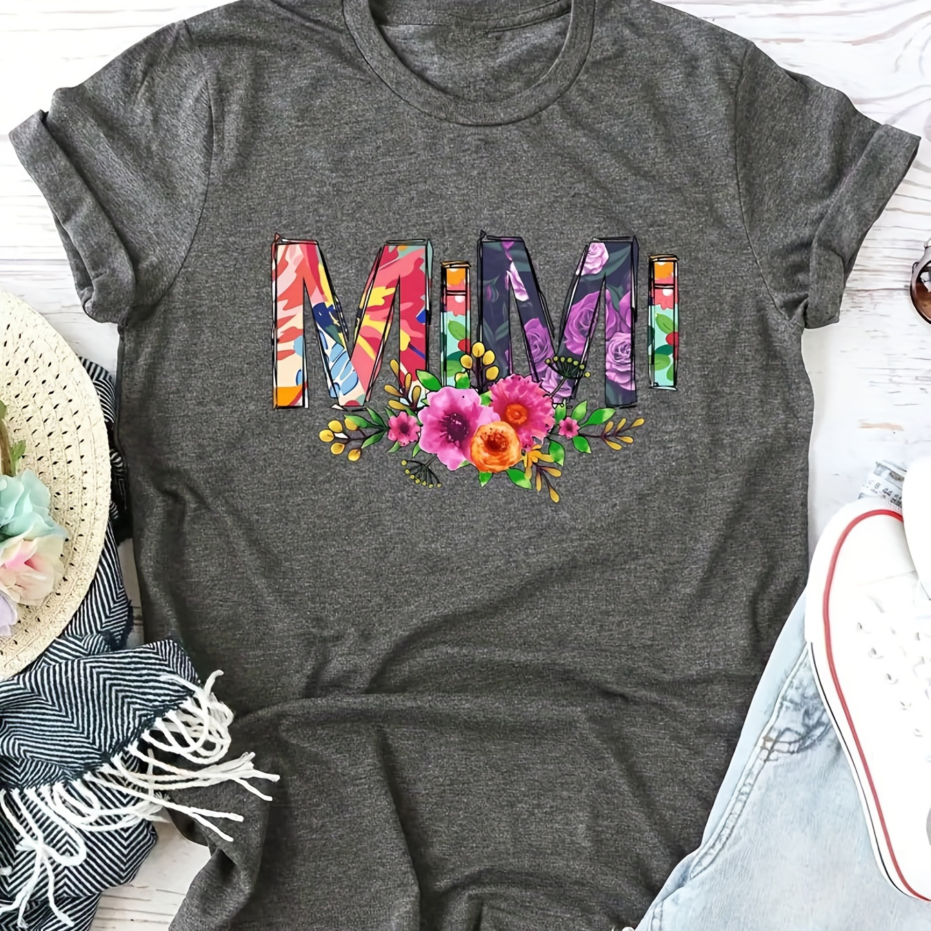 

Plus Size Casual T-shirt, Women's Plus Floral Letter Print Short Sleeve Round Neck Slight Stretch T-shirt