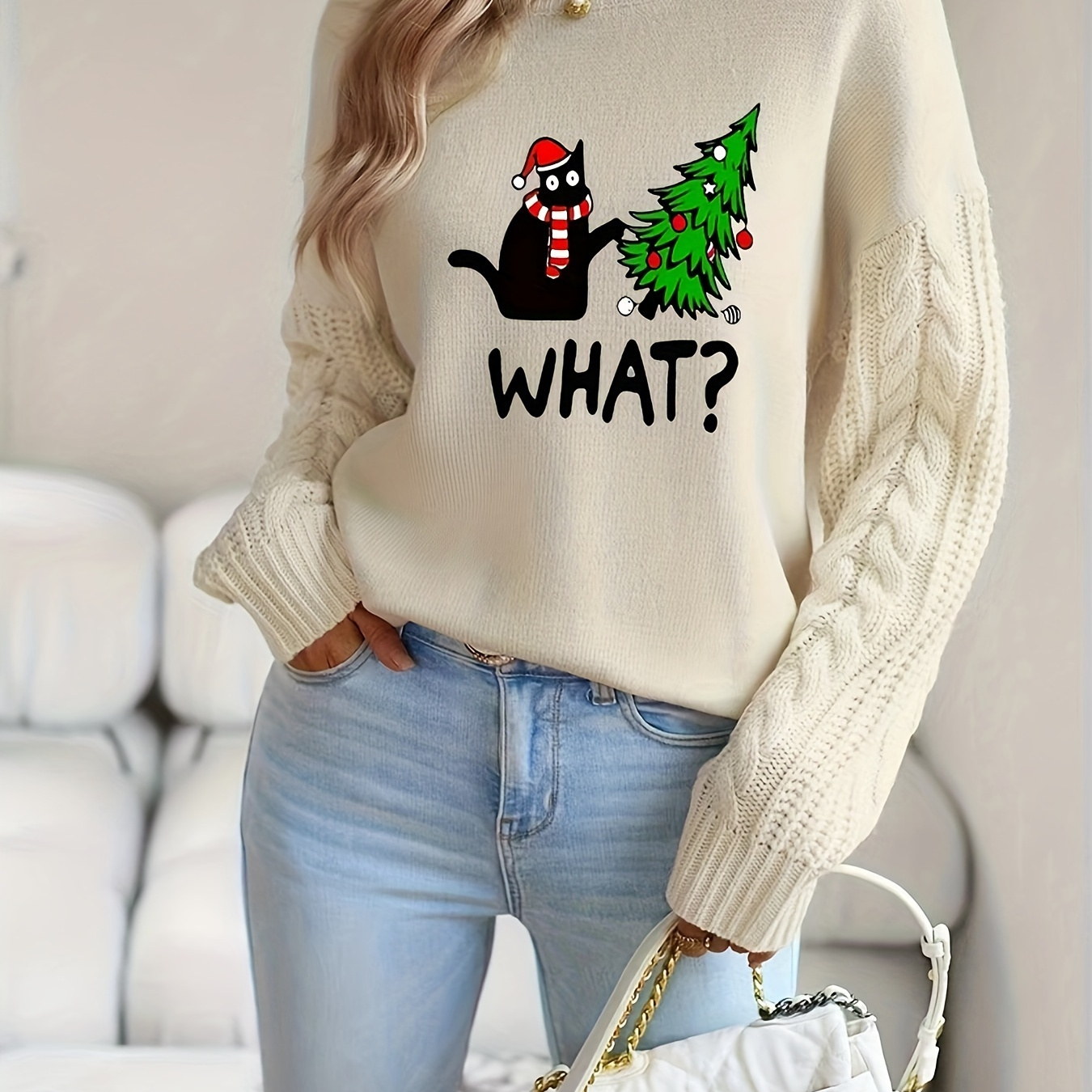 

Women's Chic Crew Neck Pullover Sweater With Christmas Cat And Tree Print - Casual Long Sleeve Knitwear, Cotton , Alphabet Pattern, Fall/winter