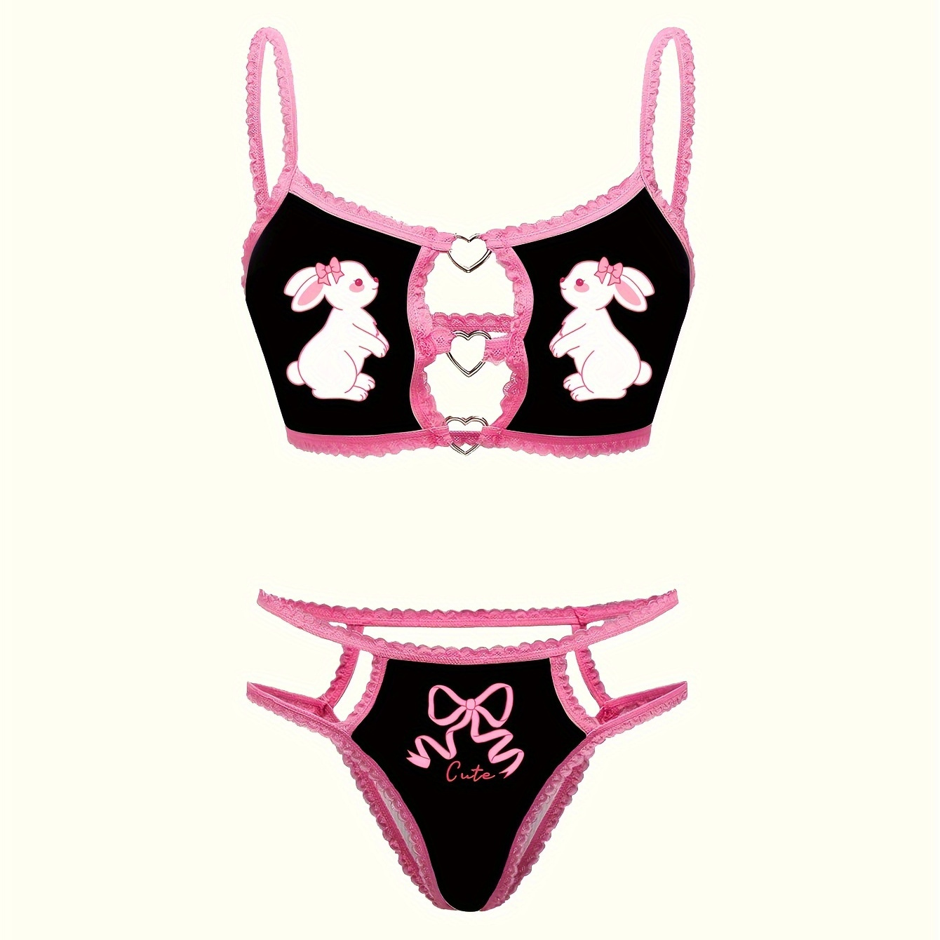 

Chic -trimmed Women's Lingerie Set Ring Detail - Comfy Polyester & Elastane , Non-padded Bra And Thong Panties