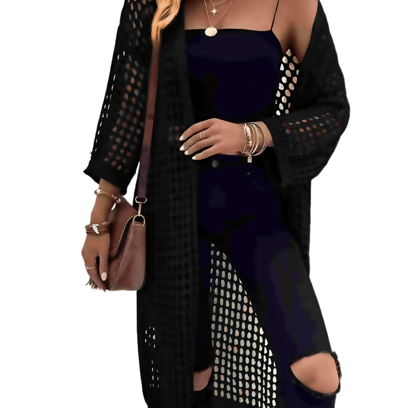 

Plus Size Solid Cutout Knitted Cardigan, Casual Long Sleeve Open Front Cardigan, Women's Plus Size Clothing