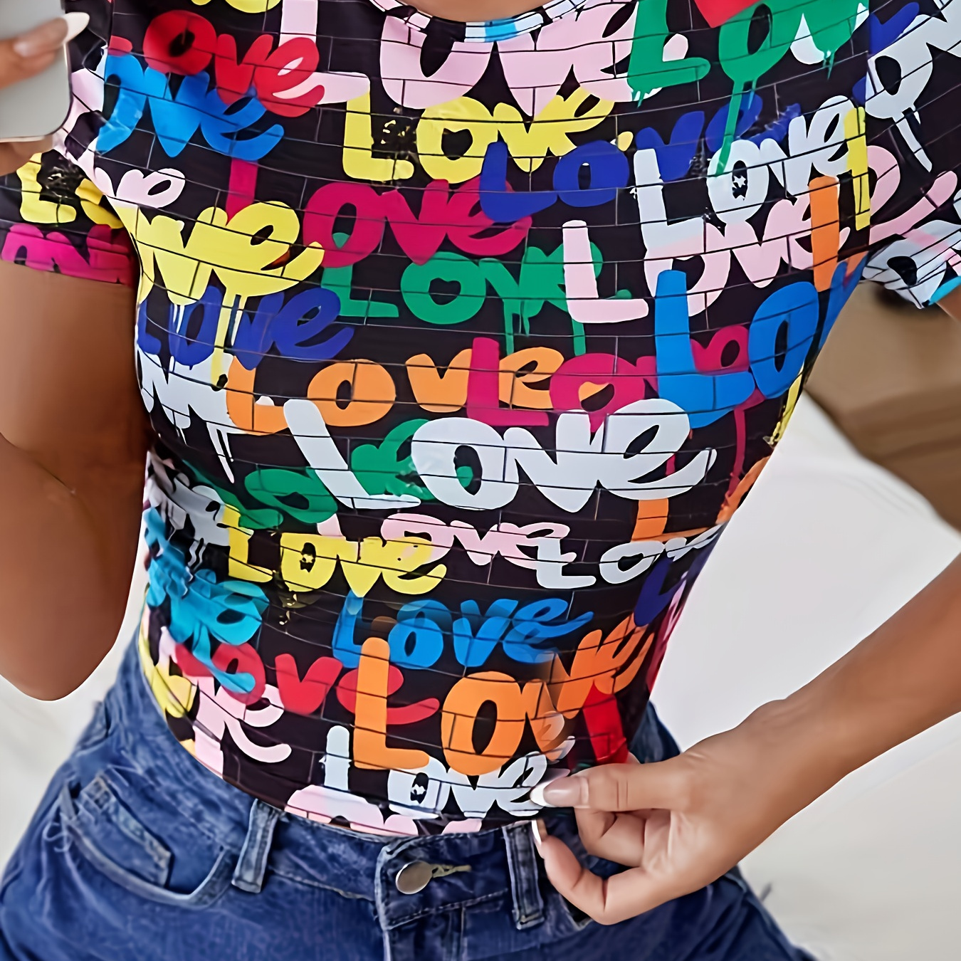 

Lover Print Crew Neck T-shirt, Short Sleeve Casual Slim Fit Top For Spring & Summer, Women's Clothing