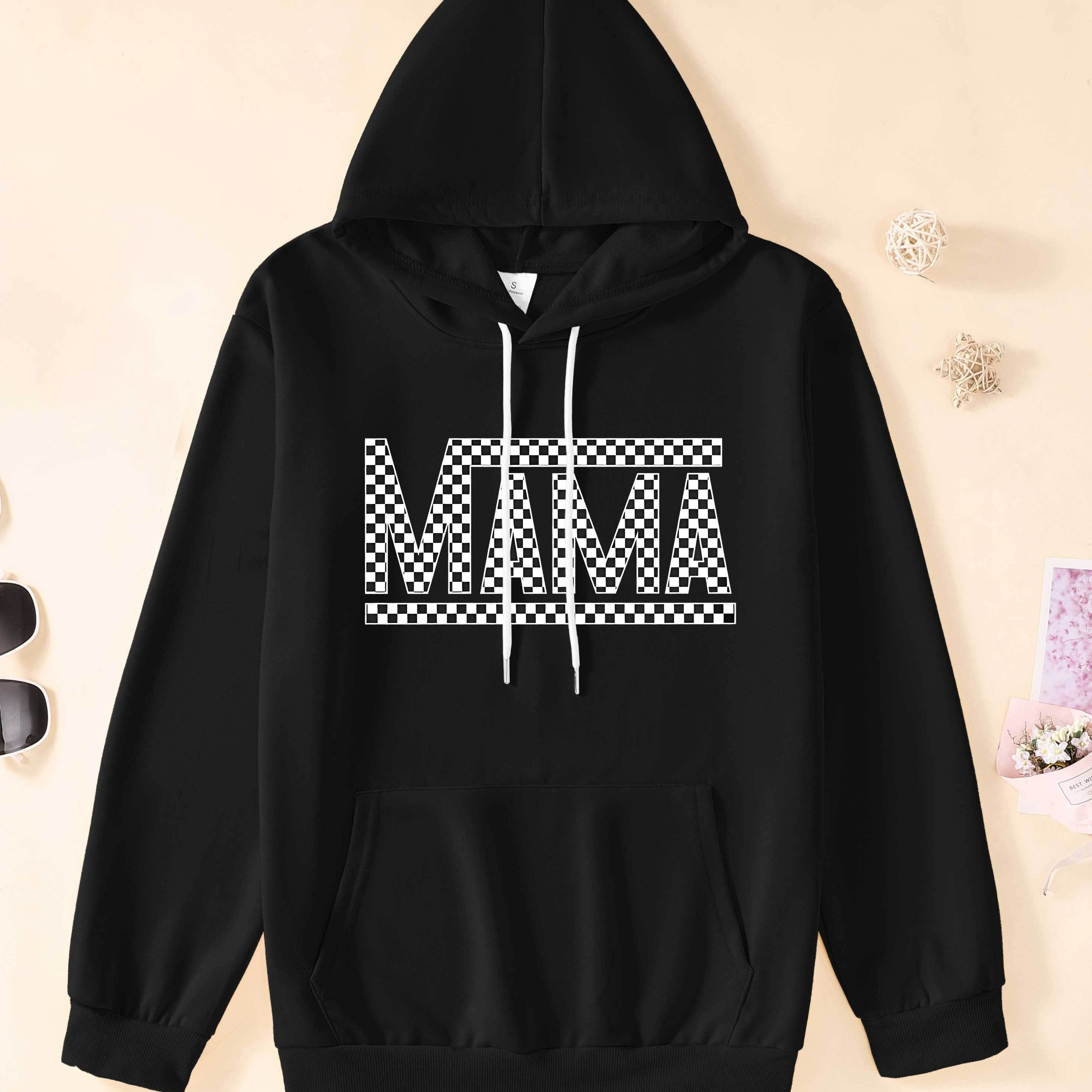 

Mama With Black And White Plaid Graphic Print Hoodie, Men's Casual Design Hooded Pullover, Cool Long Sleeve Sweatshirt For Men With Kangaroo Pocket For Fall And Winter, As Gifts