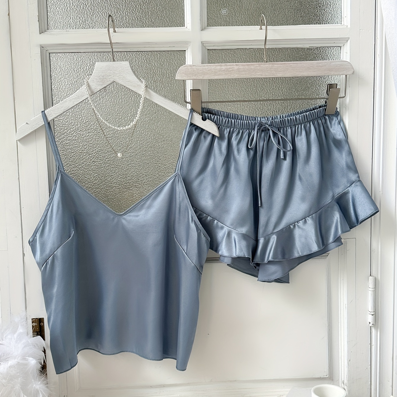 

Women's Satin Pajama Set, Casual Cami Top And Ruffle Hem Shorts, Loose-fit Thin Sleepwear, Two-piece Homewear For Ladies