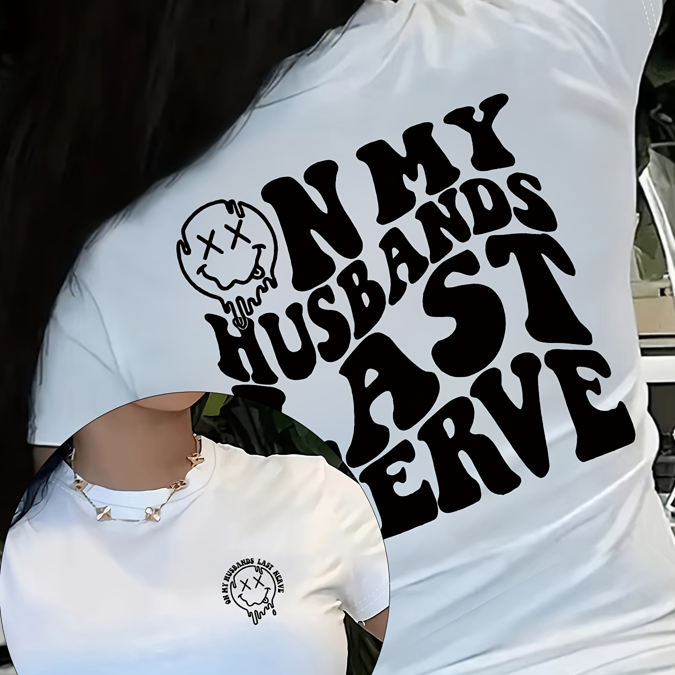 

Husbands Print Crew Neck T-shirt, Casual Short Sleeve Top For Spring & Summer, Women's Clothing