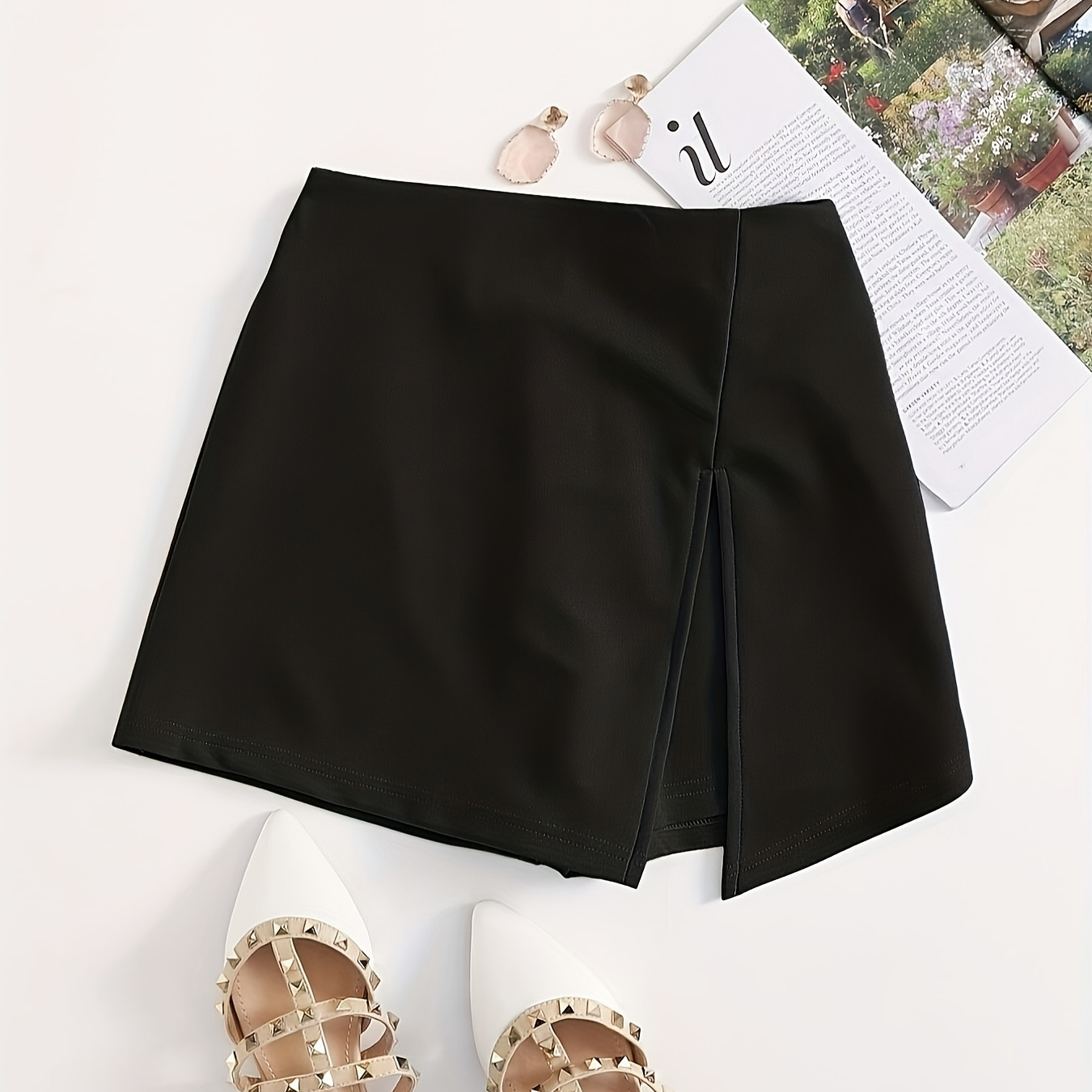 

Solid Slit Hem Elastic Waist Skorts, Casual Shorts For Spring & Summer, Women's Clothing