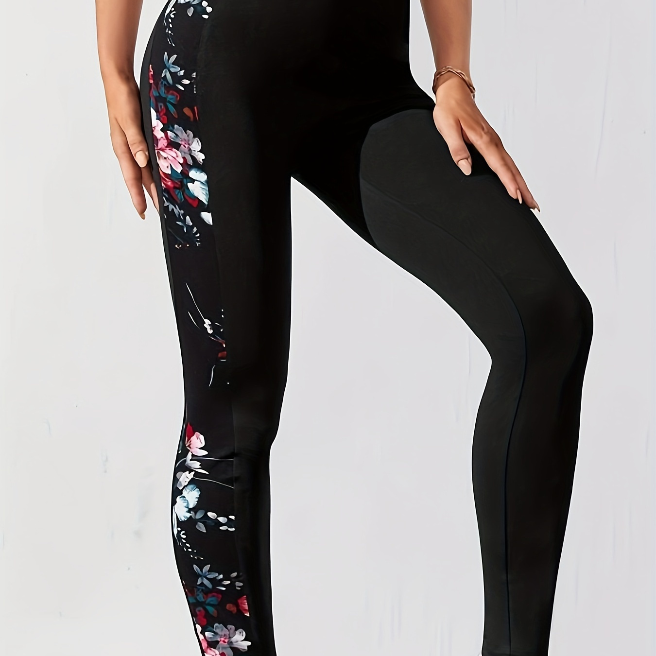 

Plus Size Floral Print Skinny Leggings, Casual Every Day Stretchy Leggings, Women's Plus Size clothing