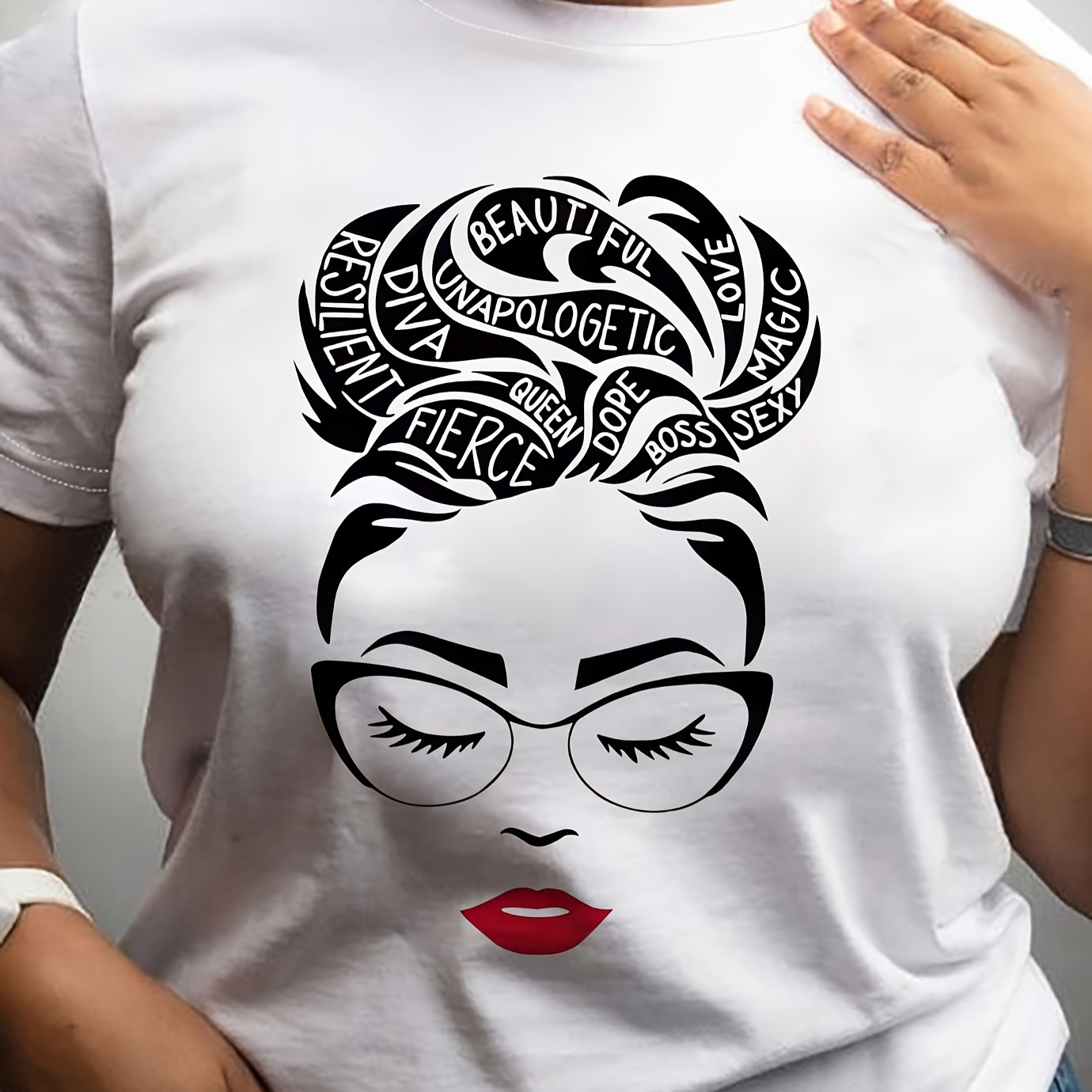 

Portrait Graphic Print T-shirt, Short Sleeve Crew Neck Casual Top For Summer & Spring, Women's Clothing