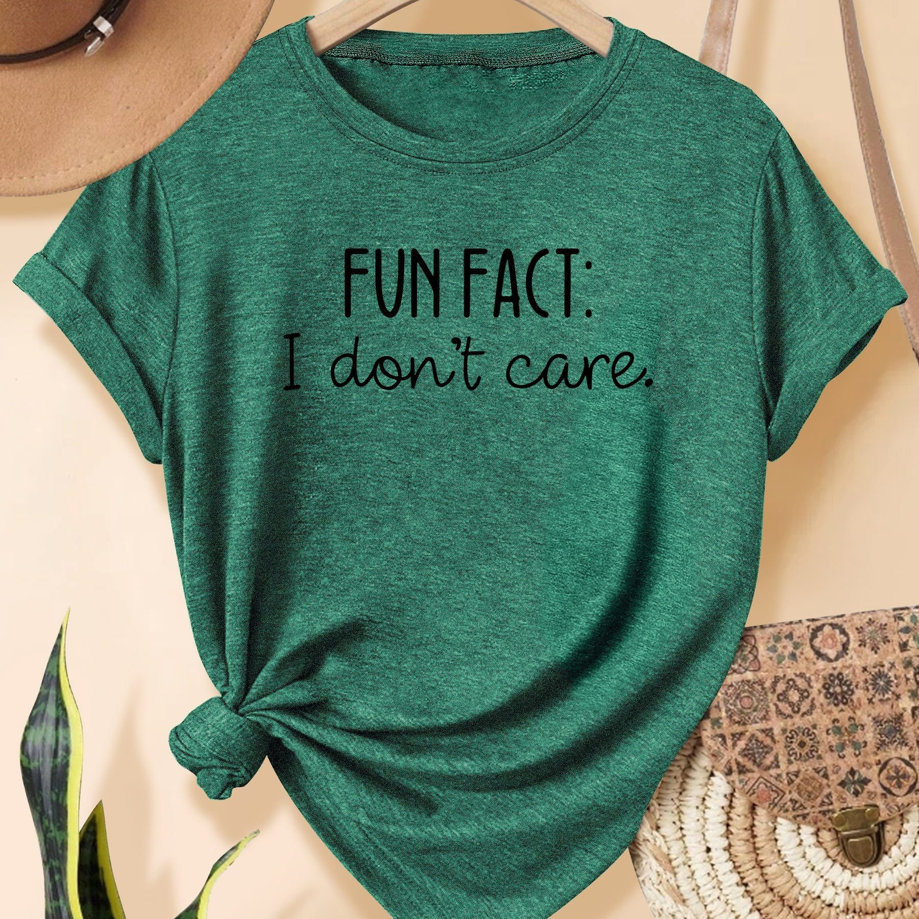 

Fun Fact: I Don't Care - Casual Blend T-shirt For Women, Medium Stretch Knit Fabric, Round Neck, All-season Comfort, Trendy Vintage Style, Available In Multiple Sizes S-xxl