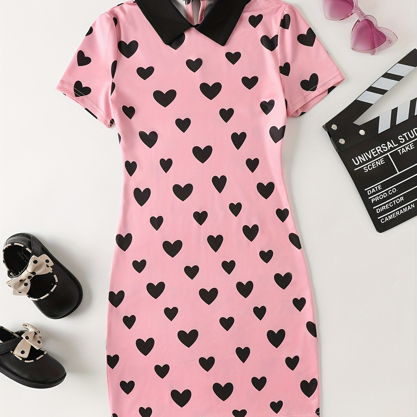 

Contrast Collar Hearts Print Girls Bodycon Dress, Breathable Comfy Short Sleeve Dress, Valentine's Day Girls Clothing, Gift