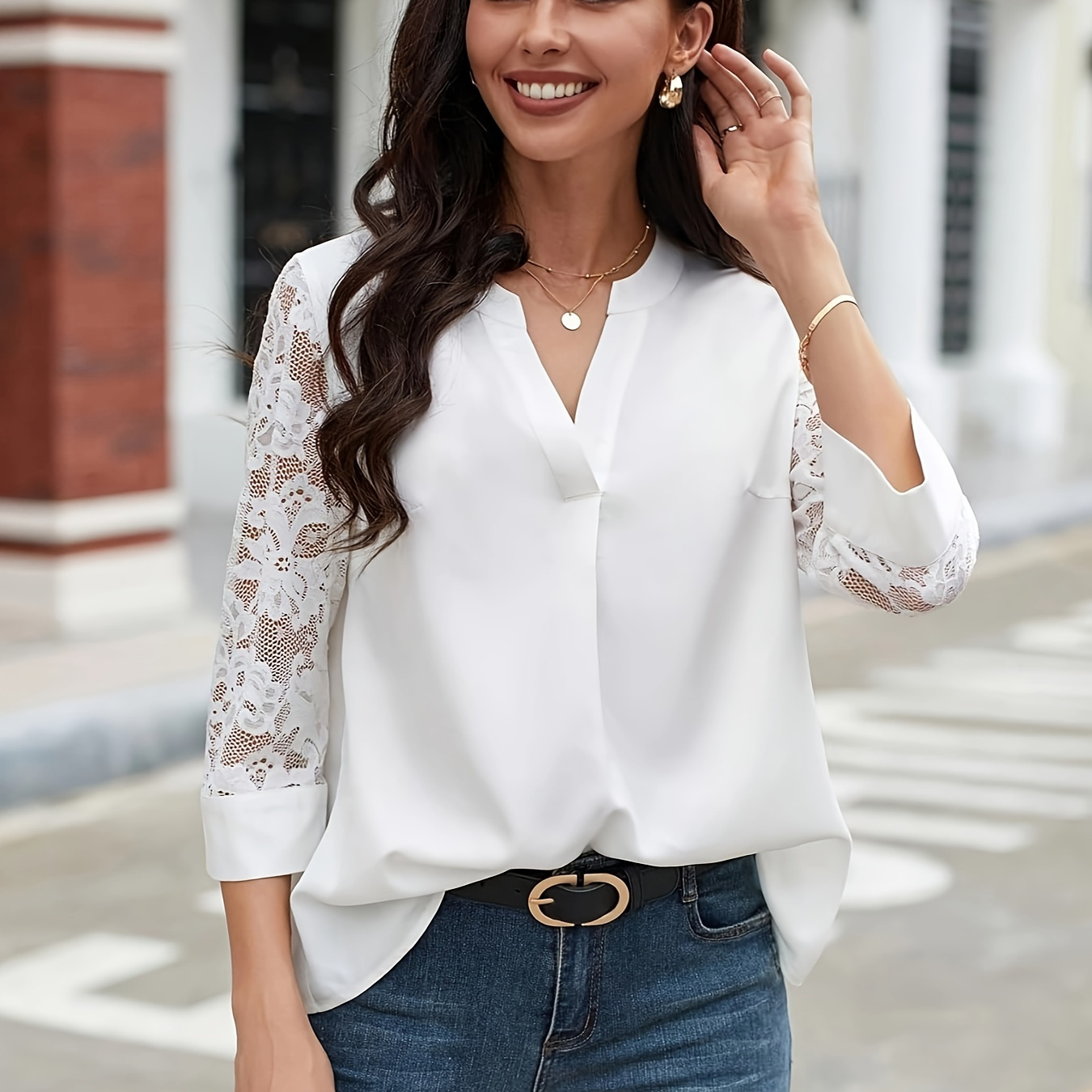 

Lace Splicing Notched Neck Blouse, Elegant Solid Color Blouse For Spring & Fall, Women's Clothing