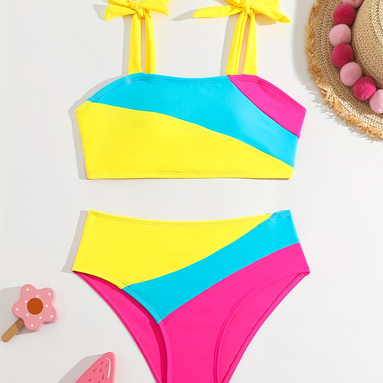 

Color Block 2pcs Girls Bikini Swimwear, Sling Top + Brief Girl's Bathing Suit Swimming Pool Holiday Seaside Beachwear