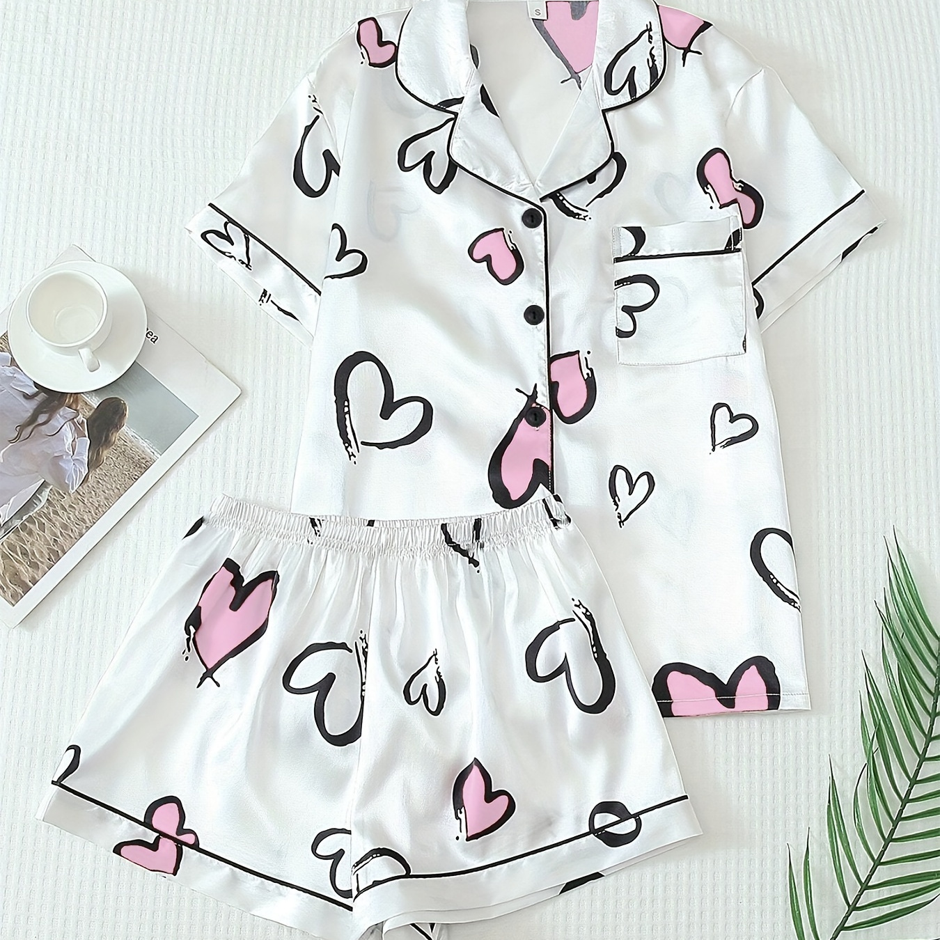 

Women's Casual Satin Pajama Set With Heart Print, Lapel Collar Button-up Short Sleeve Top And Waist Shorts, Woven Polyester Sleepwear For All