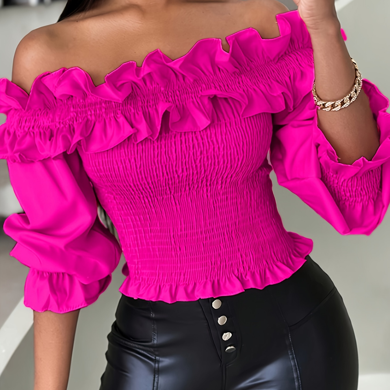 

Ruched Trim Off Shoulder T-shirt, Casual Long Sleeve Shirred Strapless Top For Spring & Fall, Women's Clothing