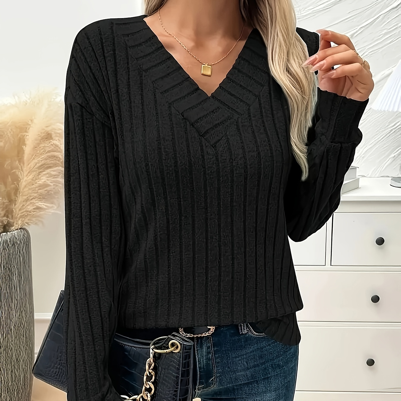 

Women's Casual V-neck Long Sleeve Ribbed Knit Top - Solid Color, Polyester, Machine Washable, Spring/fall