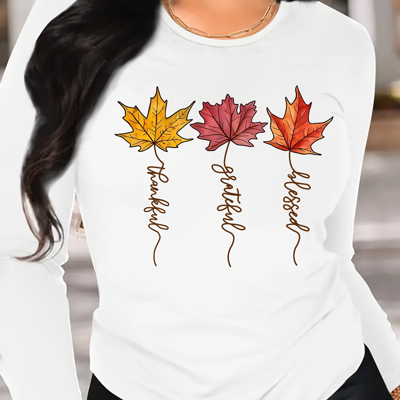 

Festive Thanksgiving 3-piece Maple Leaf Casual Long Sleeve T-shirt - Women's Sportswear - Soft Polyester Blend - Round Neckline - Stretchable Knit Fabric - Cute Cartoon Design - Perfect For Fall