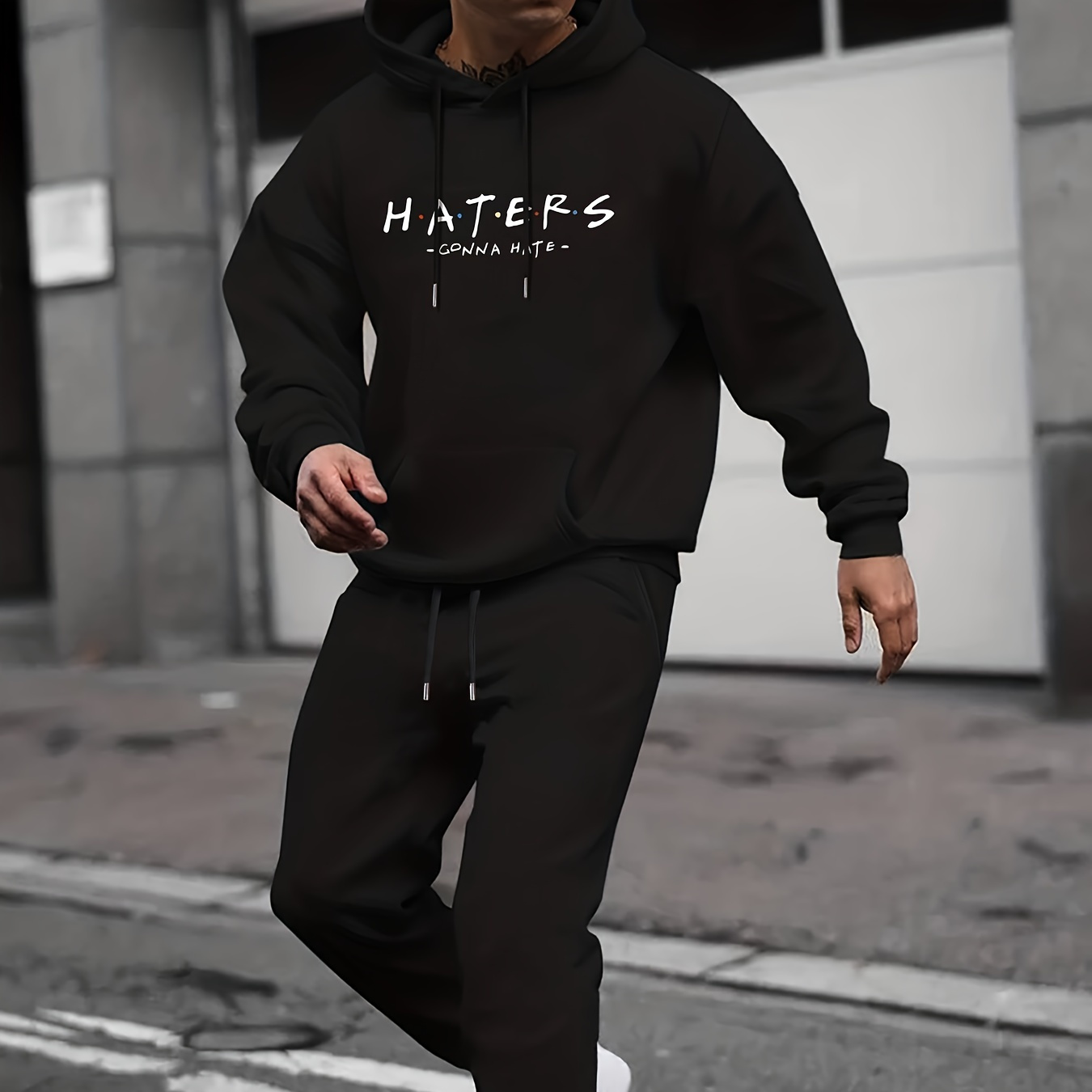 

Men's Outfit Set, Haters Pattern Fleece Warm Long Sleeve Hoodie And Drawstring Sweatpants, 2-piece Set For Spring Summer Outdoor Jogging Gym Workout