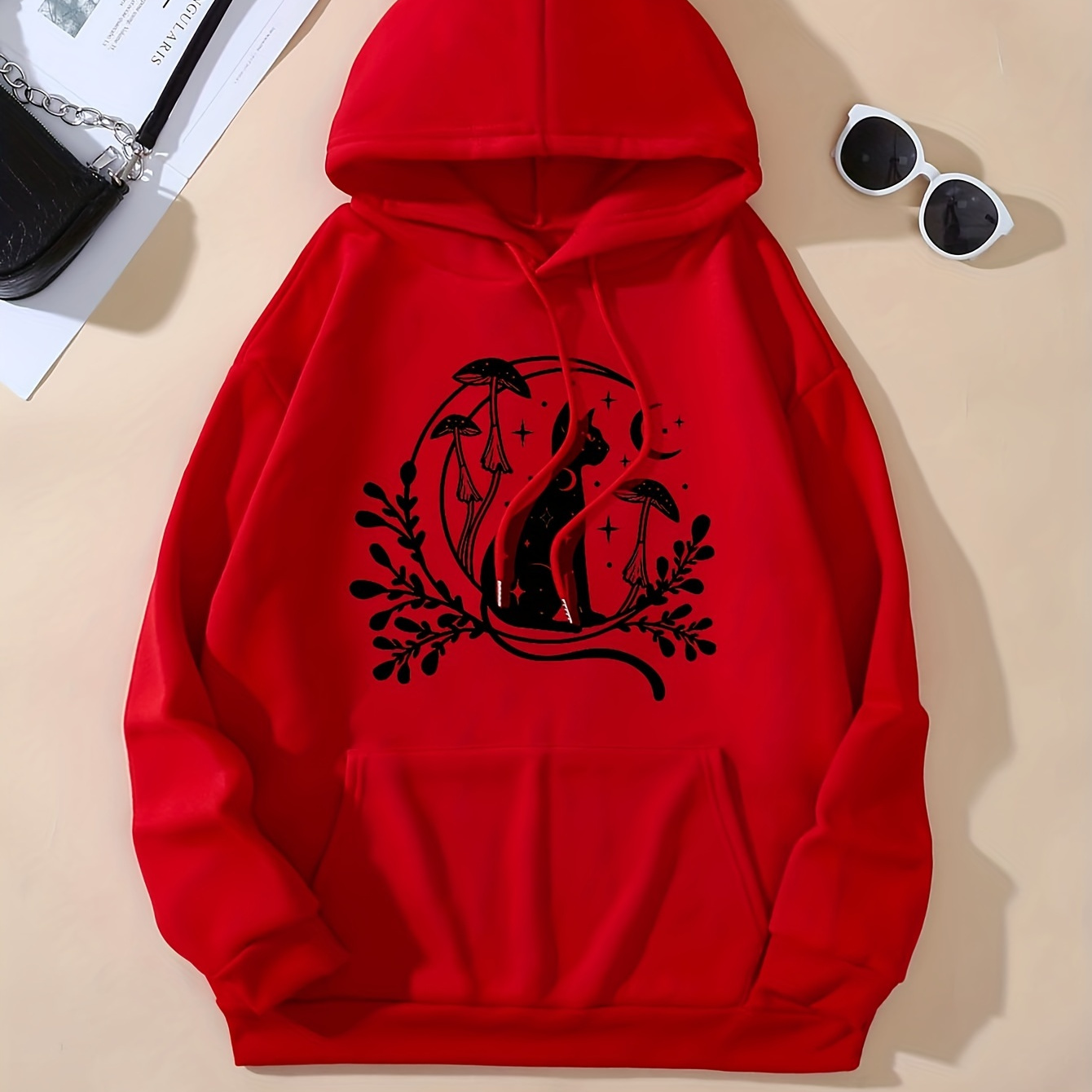 

Cute Cat Print Hoodie, Casual Drawstring Kangaroo Pocket Hoodies Sweatshirt, Women's Clothing