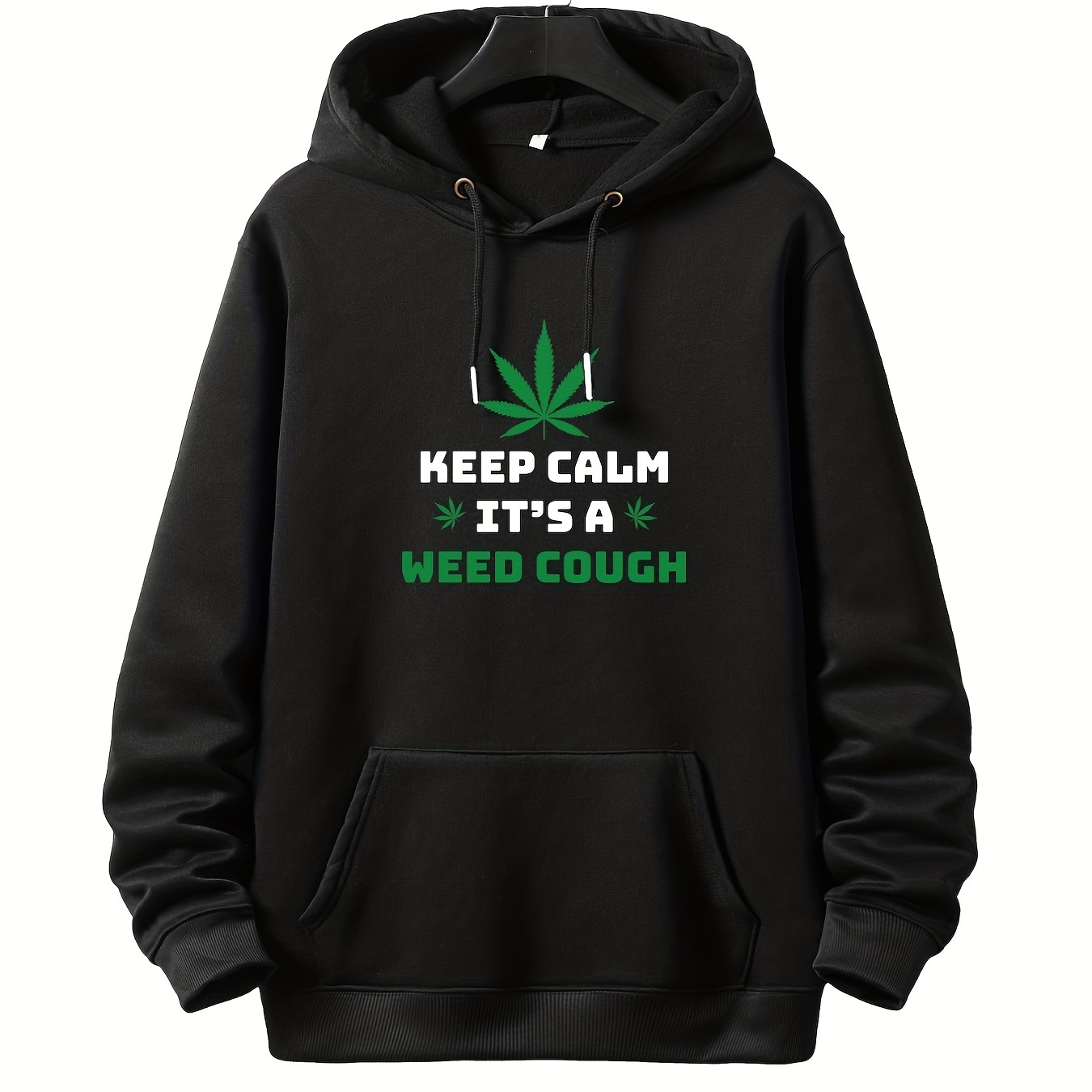 Plus Size Casual Sweatshirt, Men's Plus "Green Leaf" Print Long Sleeve Drawstring Hoodie Sweatshirt