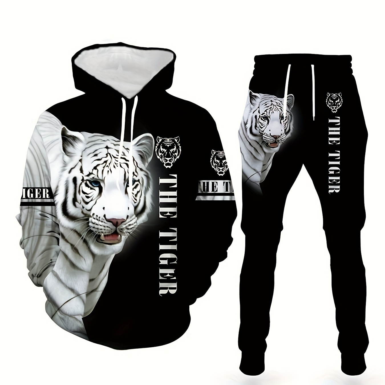 

Men's Tiger Print Hooded Sweatshirt & Sweatpants Set For Spring/autumn, Autumn And Winter Novelty Pajamas Loungewear Set, Sports Set, Men's Clothing