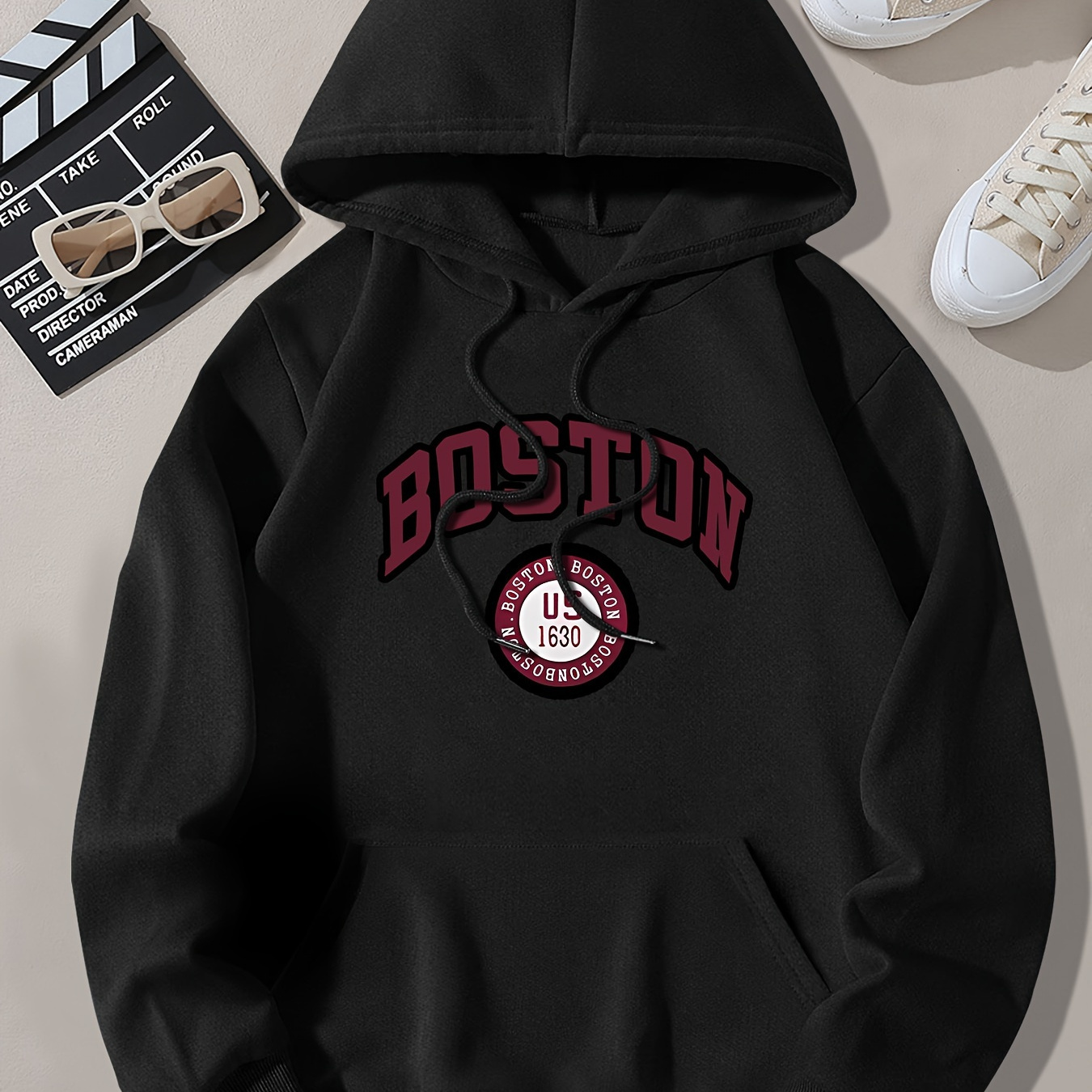 

Boston Print Hoodie, Casual Pocket Long Sleeve Drawstring Hoodies Sweatshirt, Women's Clothing