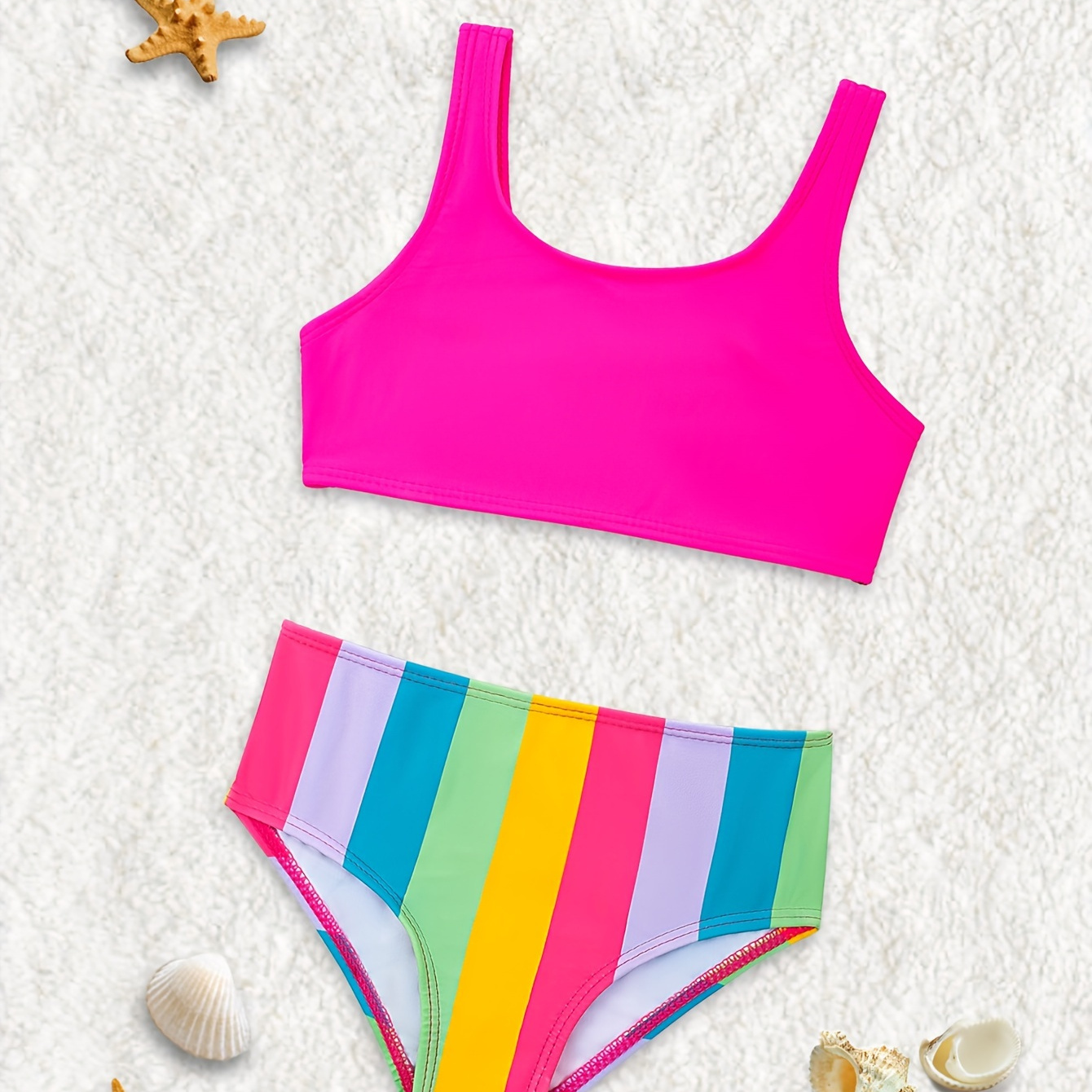 

2pcs Infant & Toddler's Retro Style Stripe Pattern Bikini Set, Stretchy Bathing Suit, Baby's Swimsuit For Summer Beach Vacation